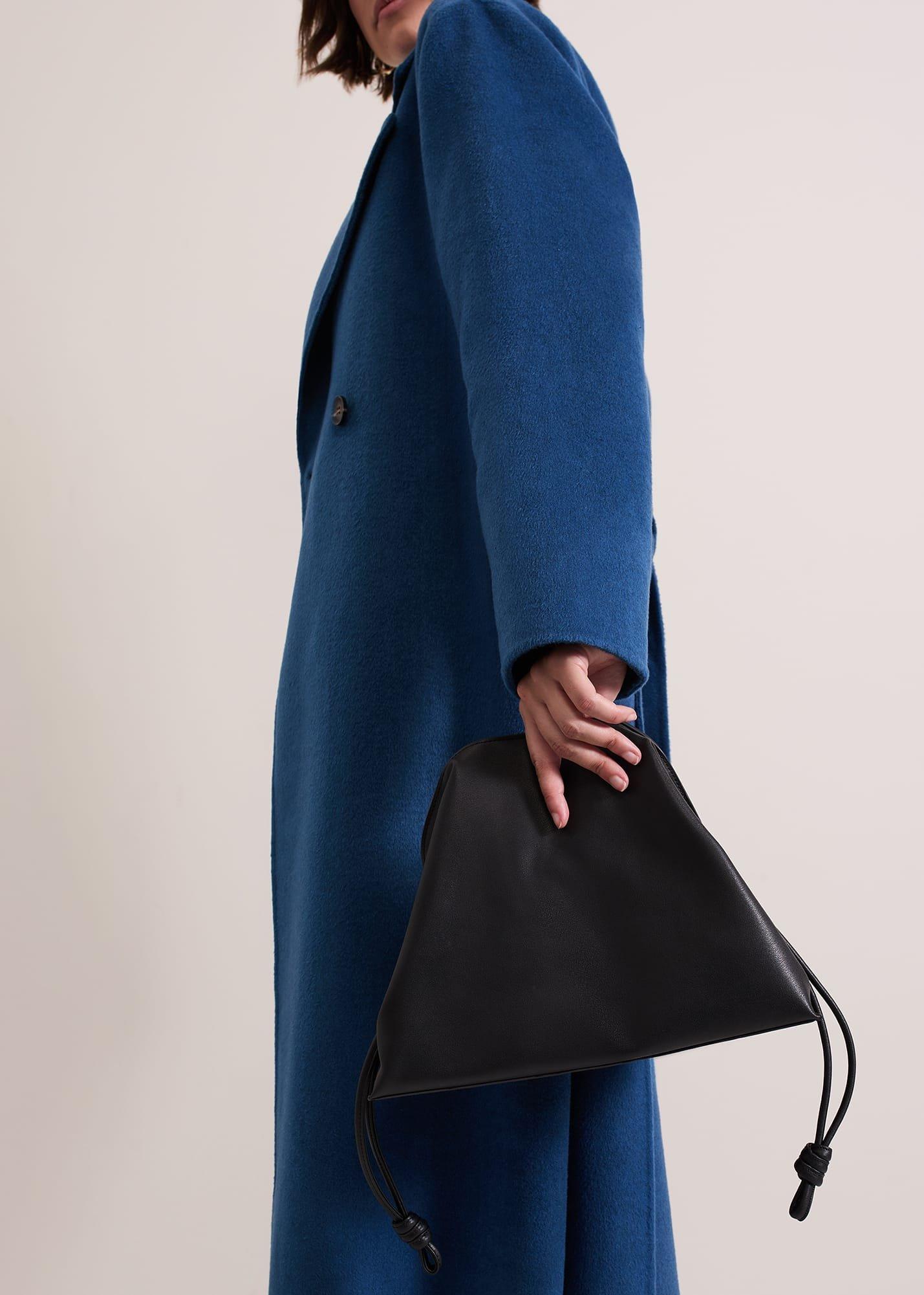 Black Leather Drawstring Soft Pouch Bag