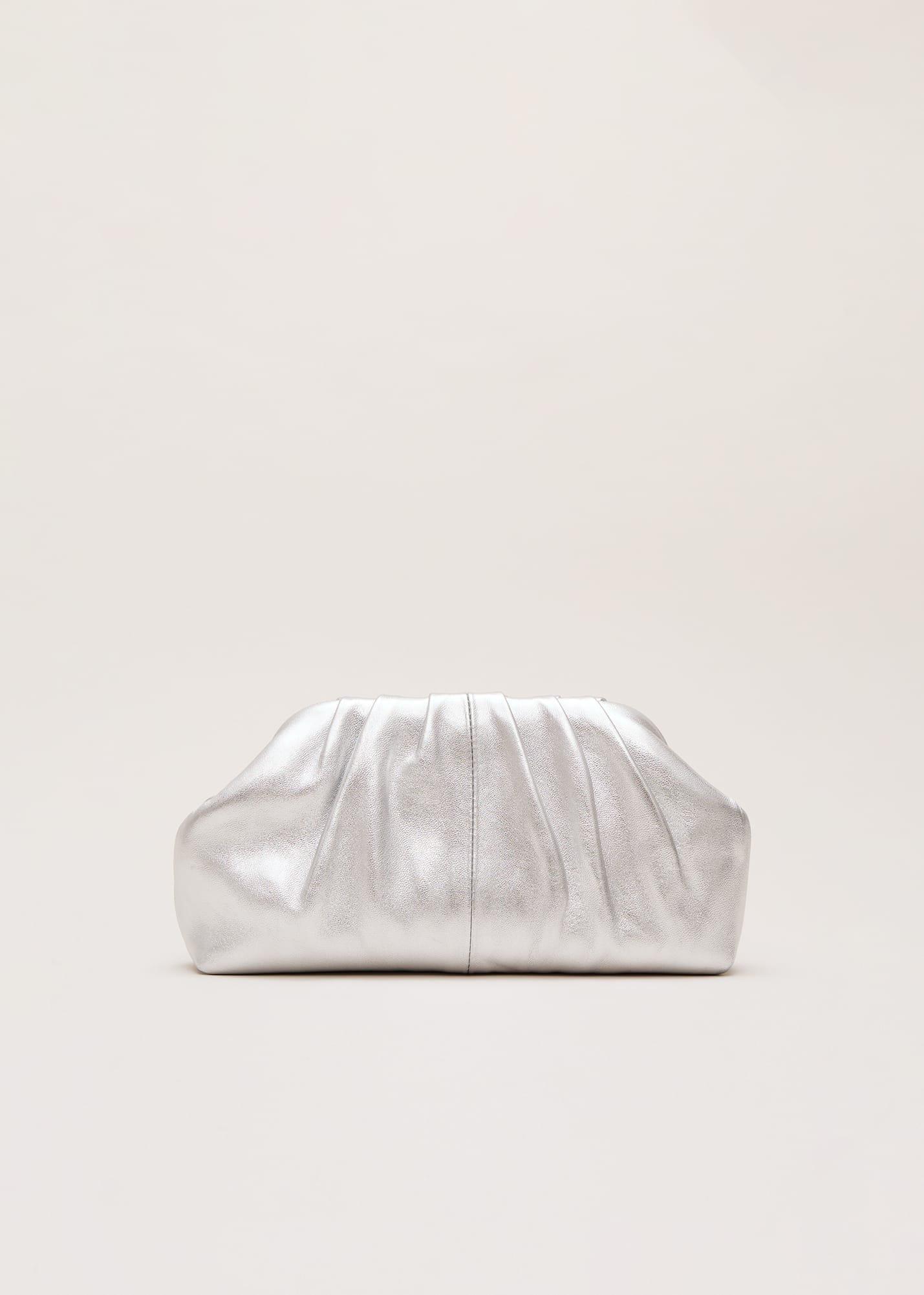 Silver Leather Pouch Clutch Bag