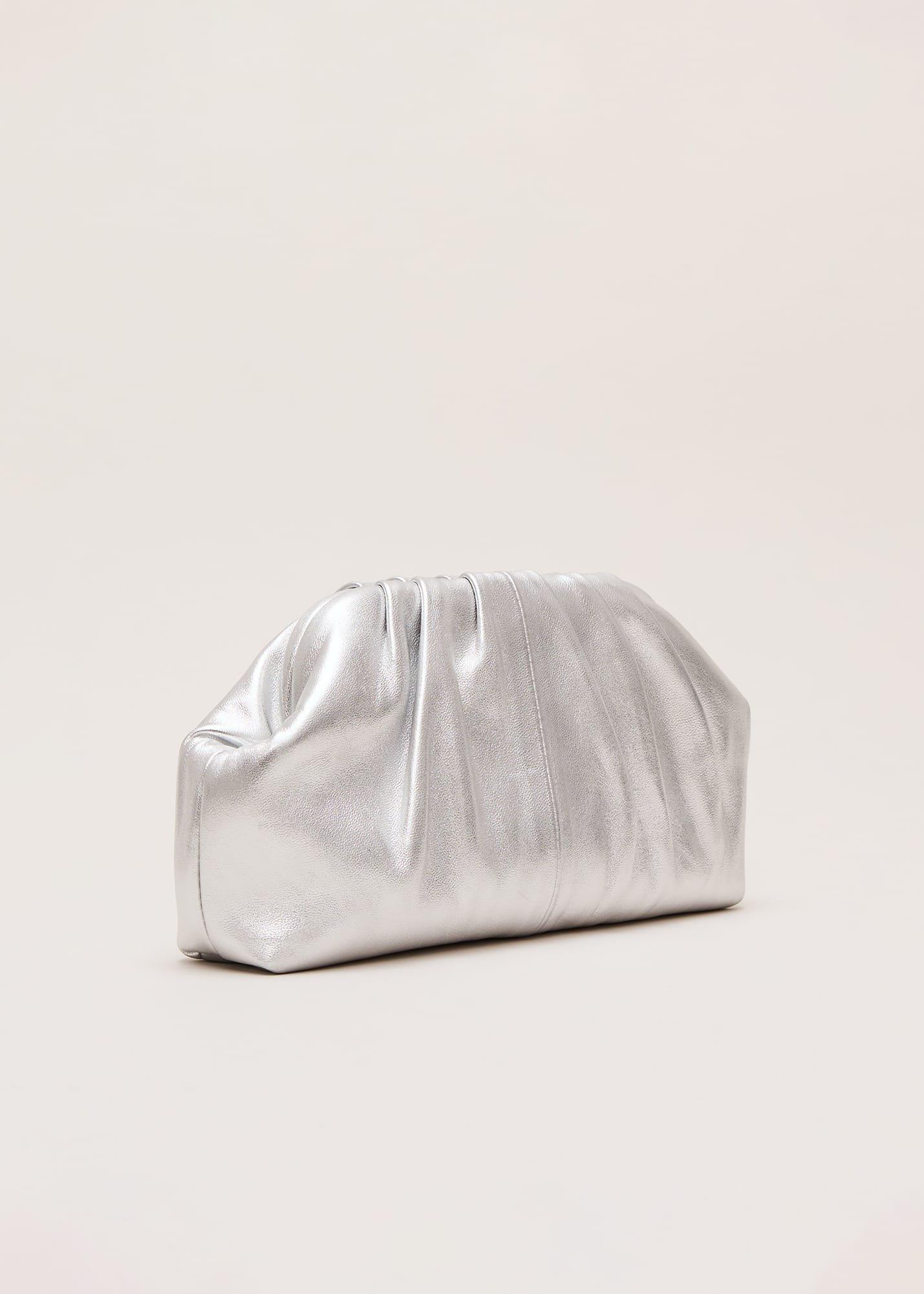 Silver Leather Pouch Clutch Bag