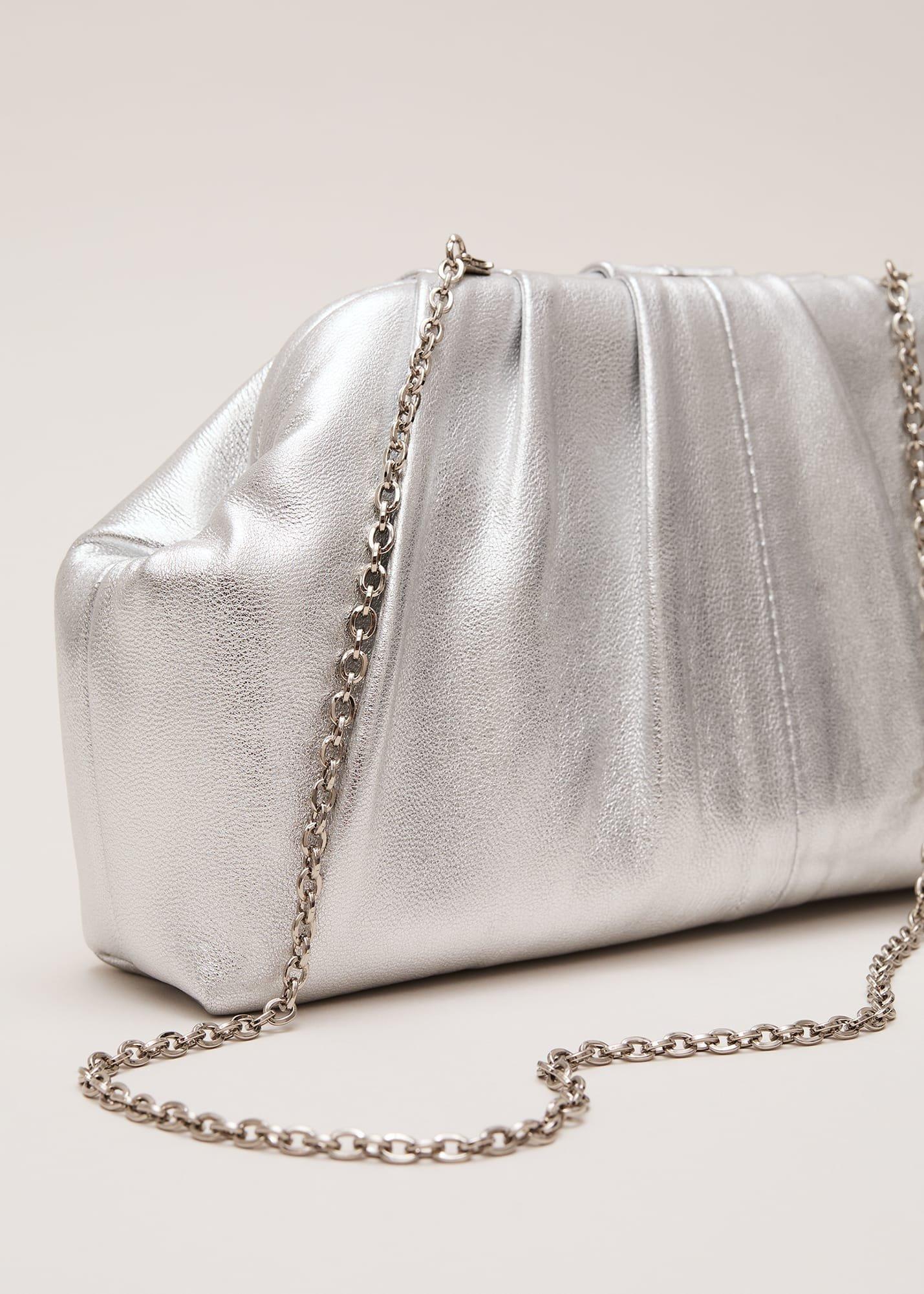 Silver Leather Pouch Clutch Bag