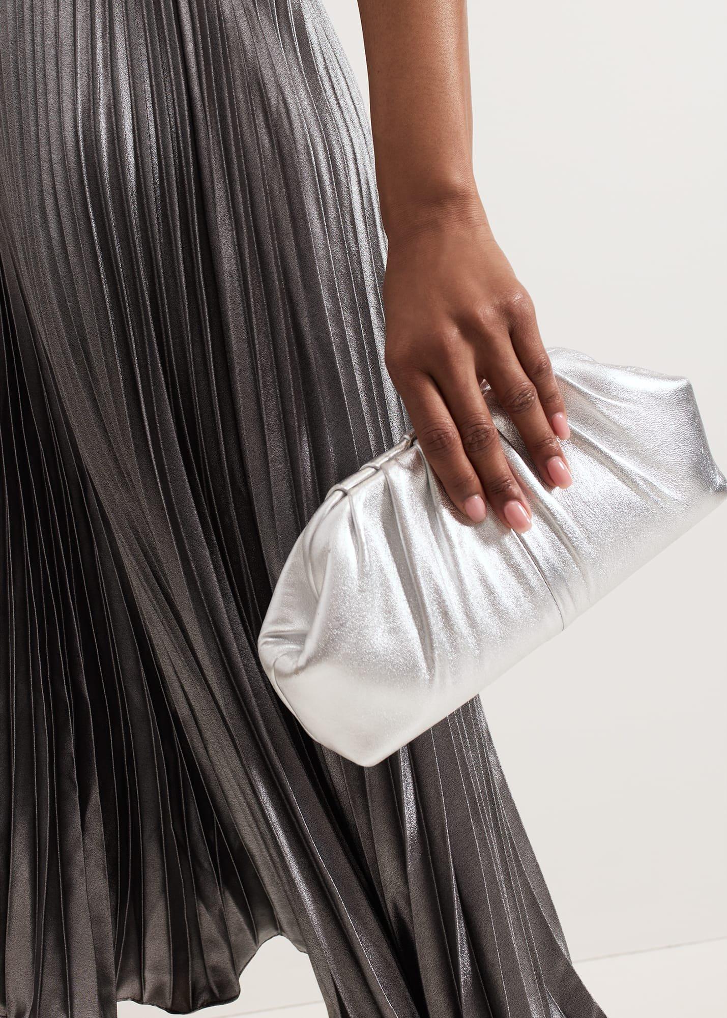 Silver Leather Pouch Clutch Bag