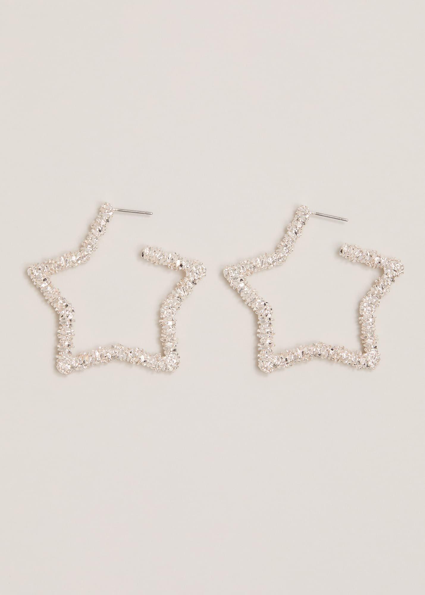 Silver Textured Large Star Hoop Earrings