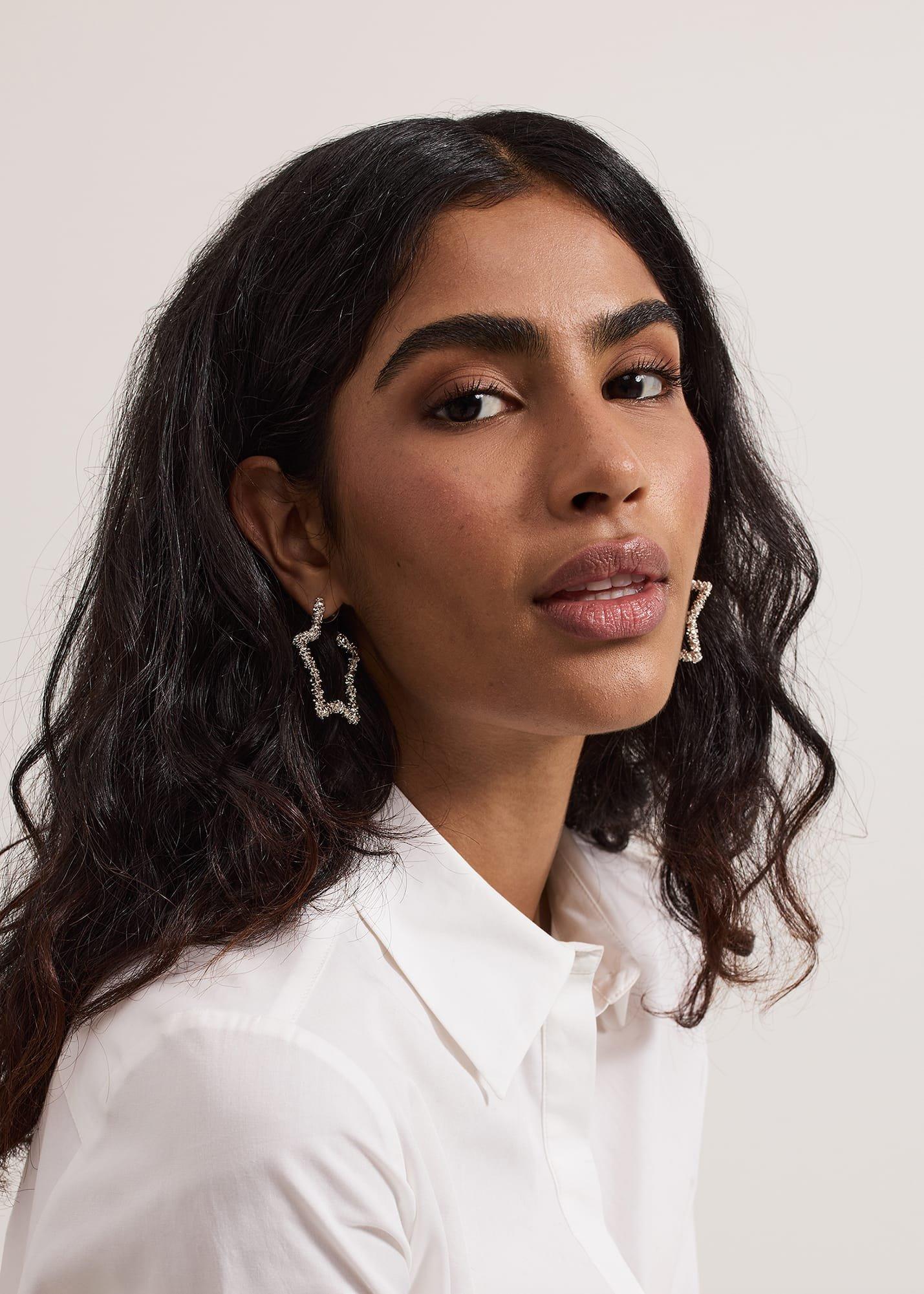 Silver Textured Large Star Hoop Earrings