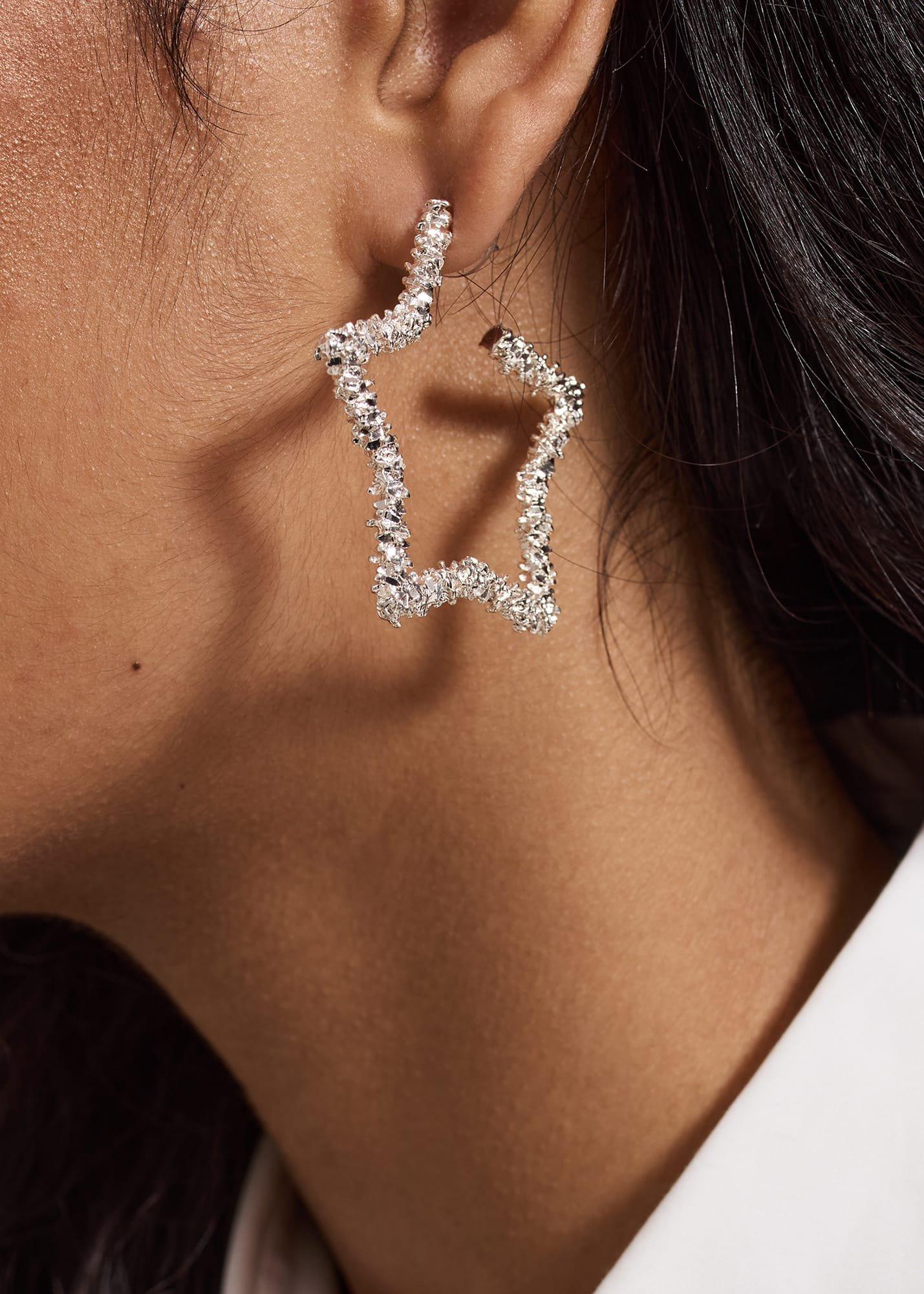Silver Textured Large Star Hoop Earrings