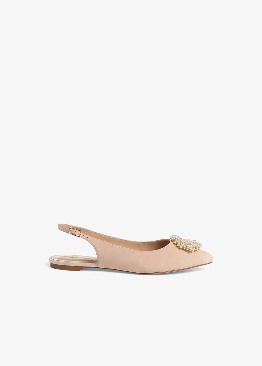 Abi Faux Pearl Trim Leather Slingback Flat Shoes