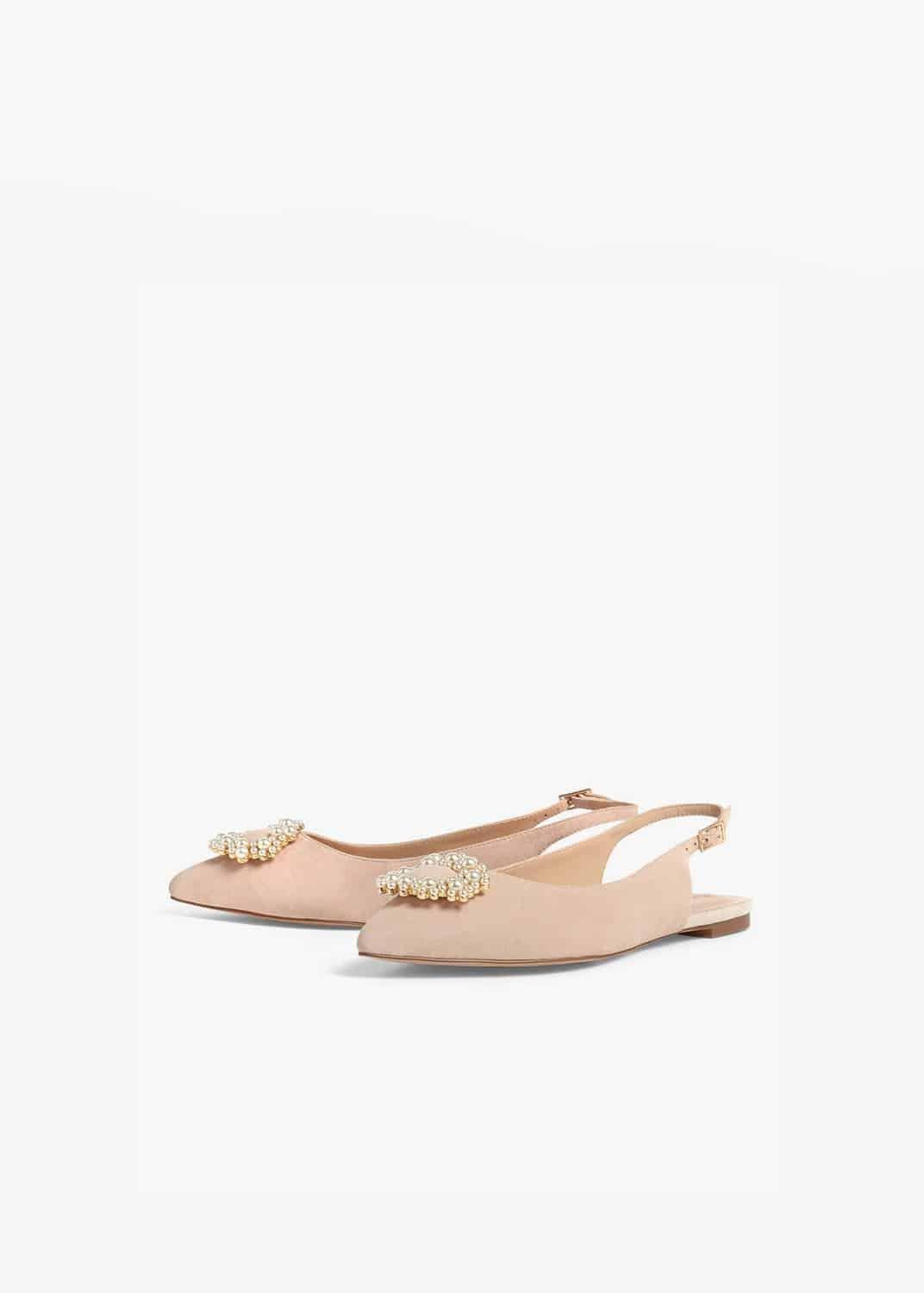 Abi Faux Pearl Trim Leather Slingback Flat Shoes