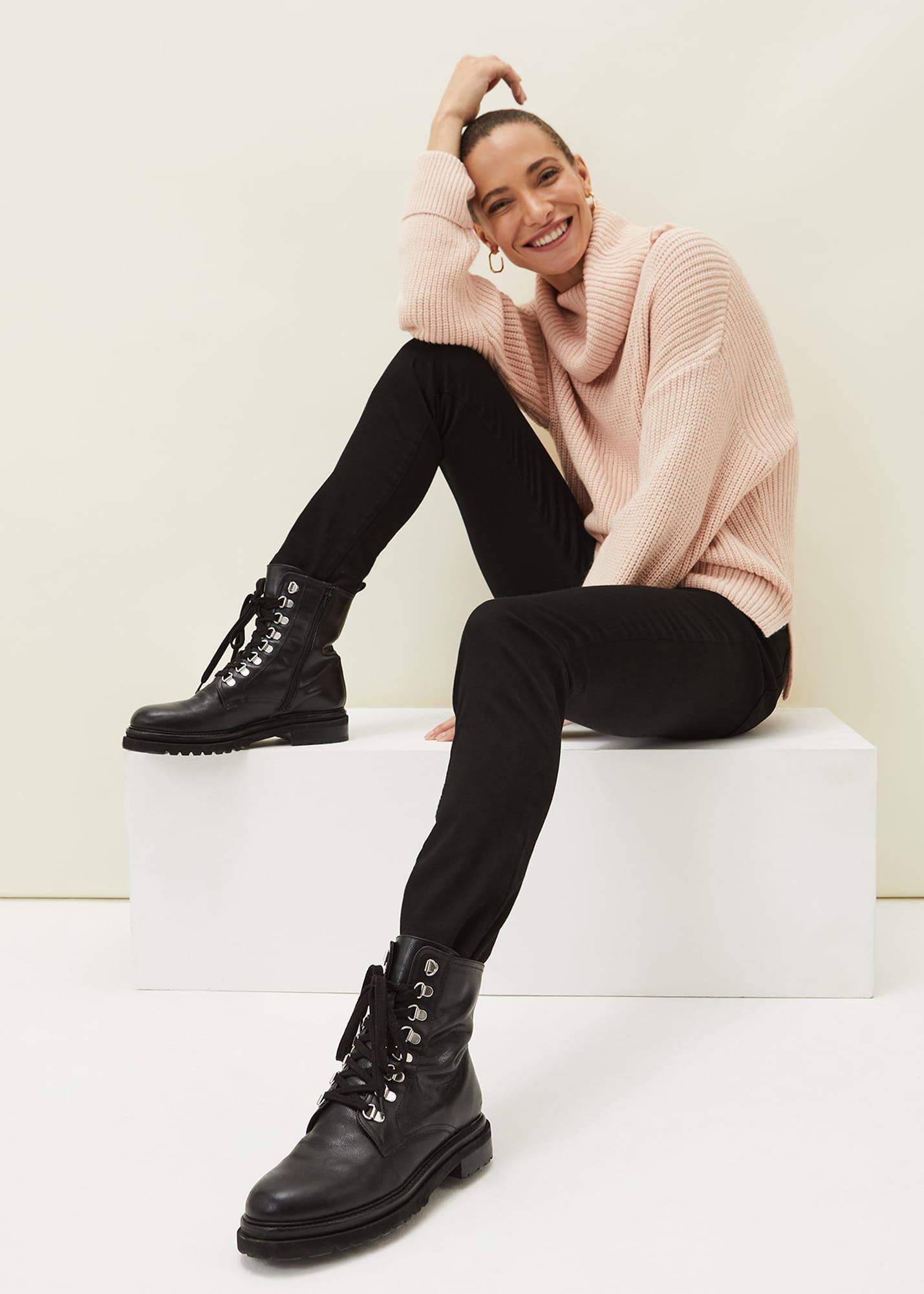 Meladie Black Leather Lace Up Ankle Boots