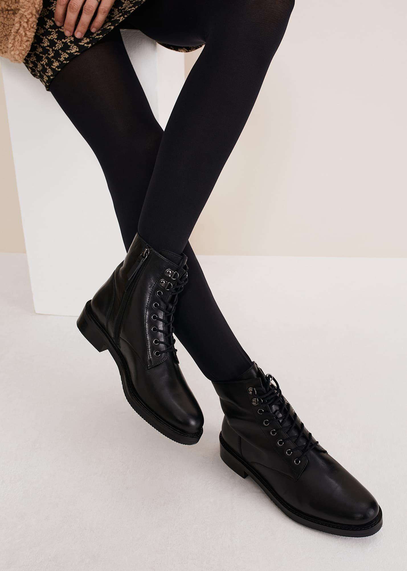 Lace Up Leather Flat Boots