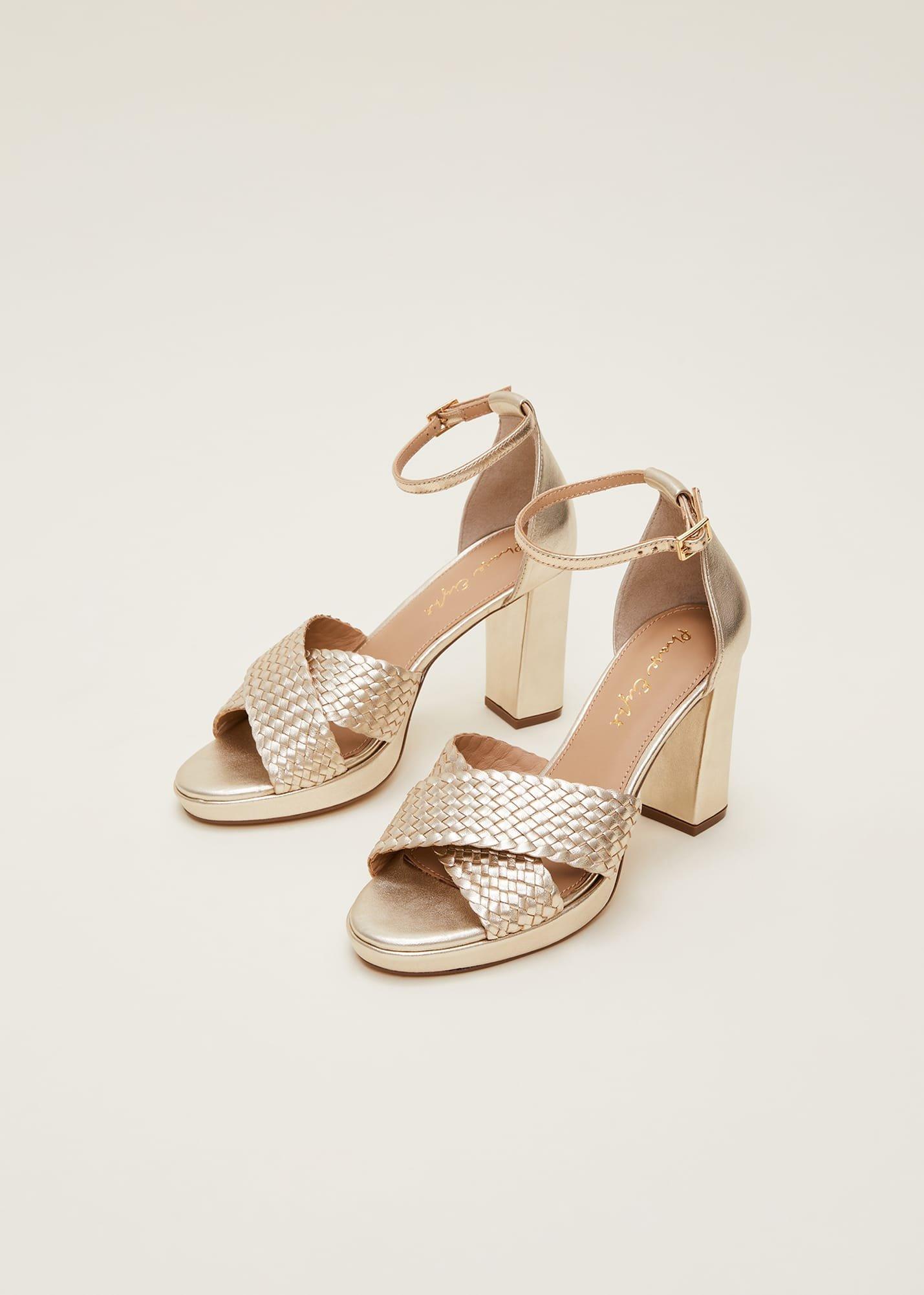 Gold Leather Open Toe Heels