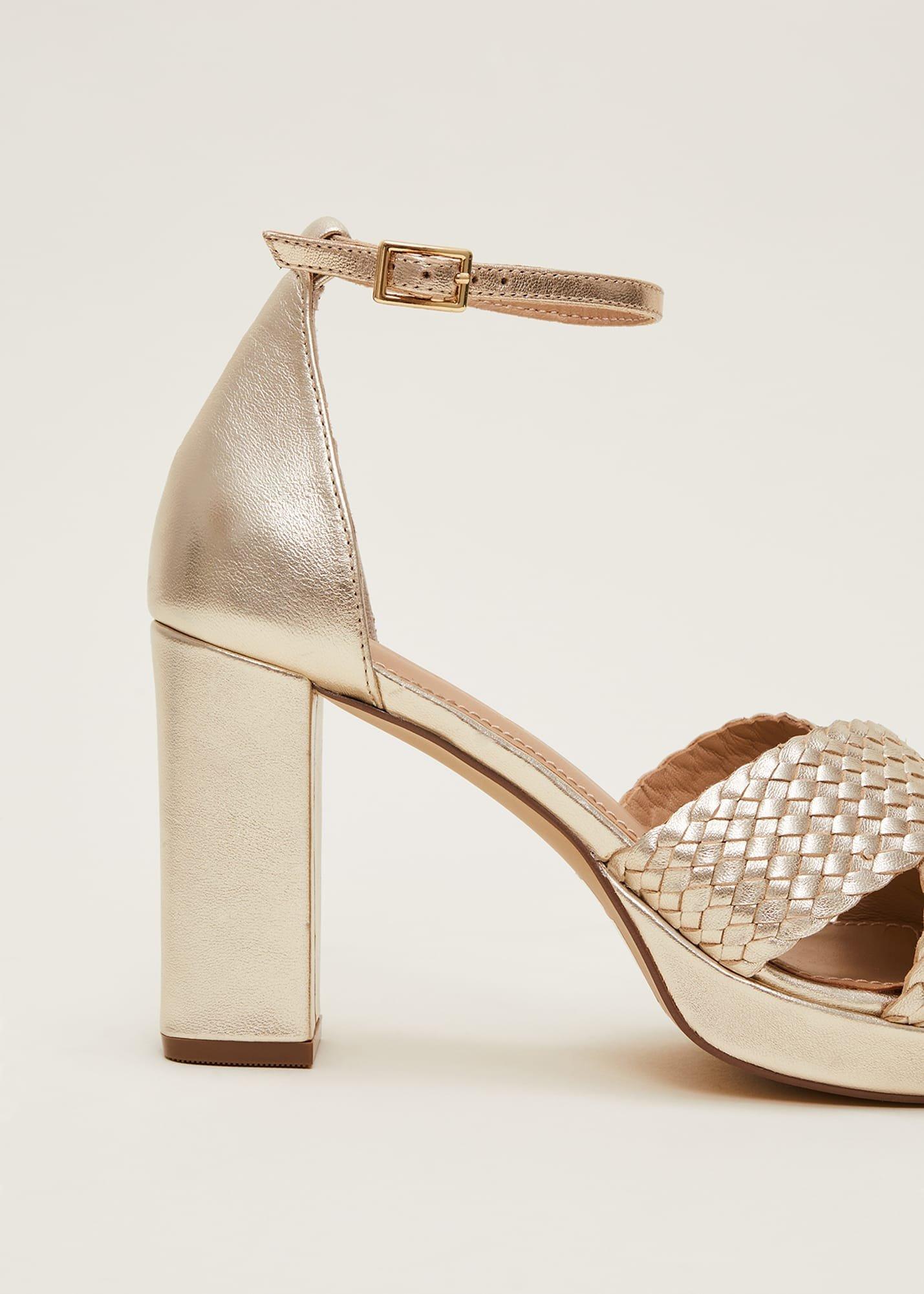 Gold Leather Open Toe Heels