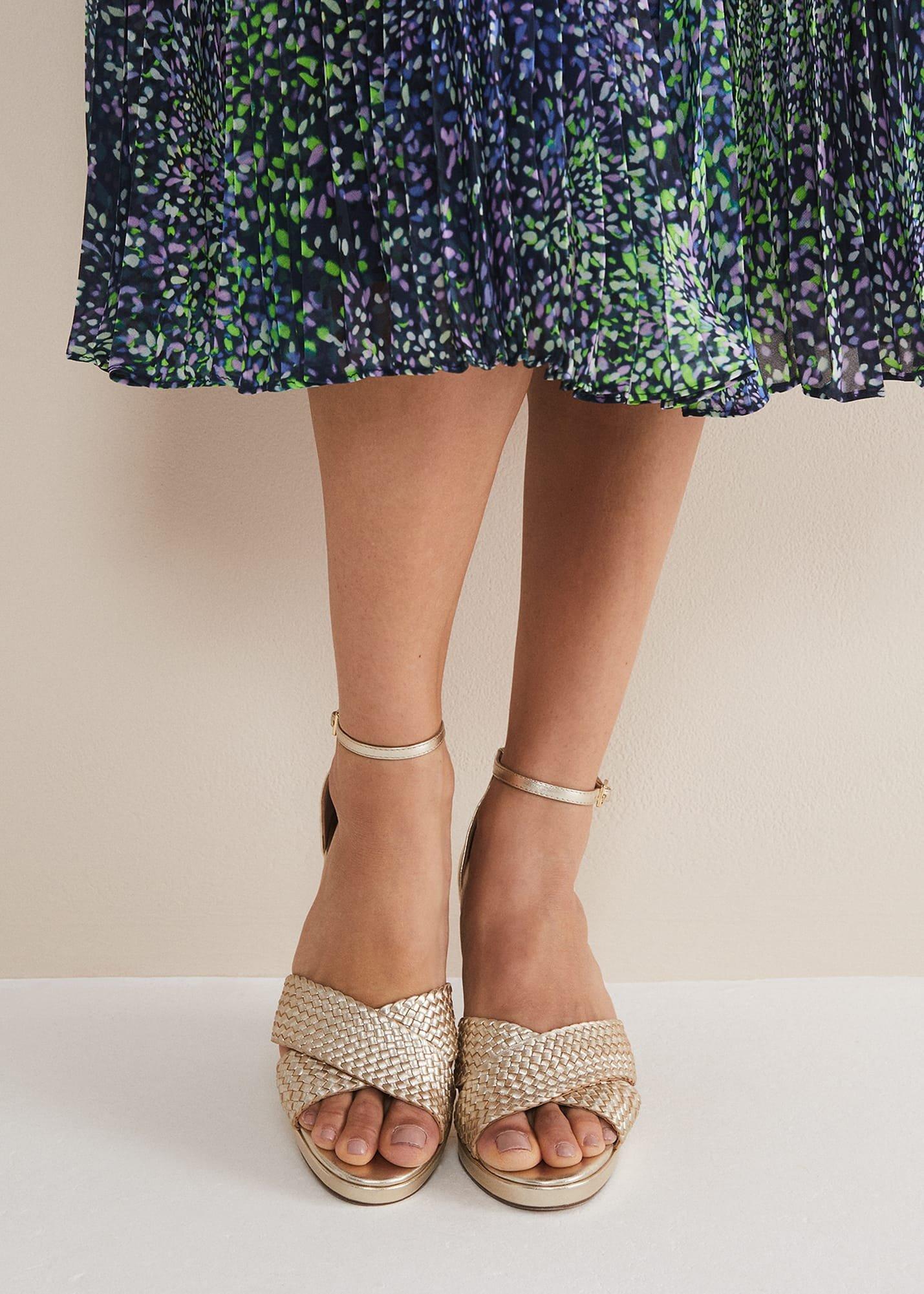 Gold Leather Open Toe Heels