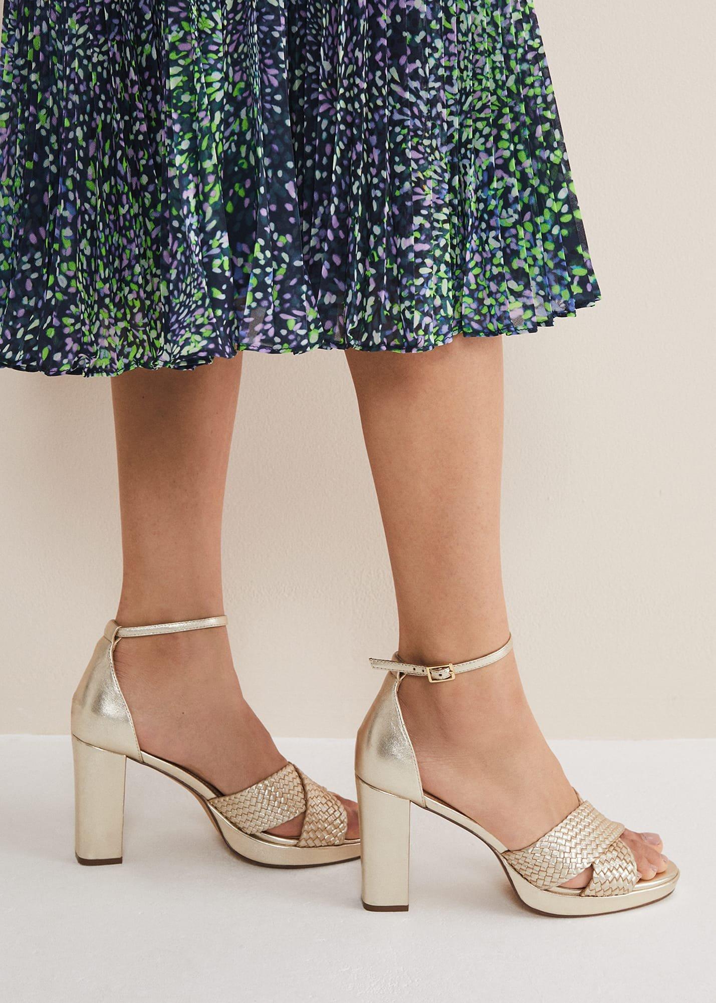 Gold Leather Open Toe Heels