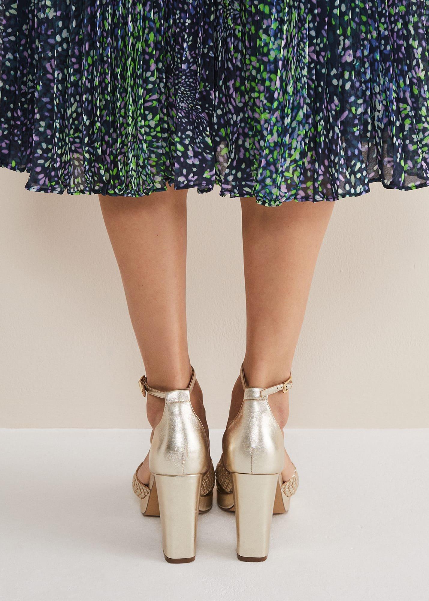 Gold Leather Open Toe Heels
