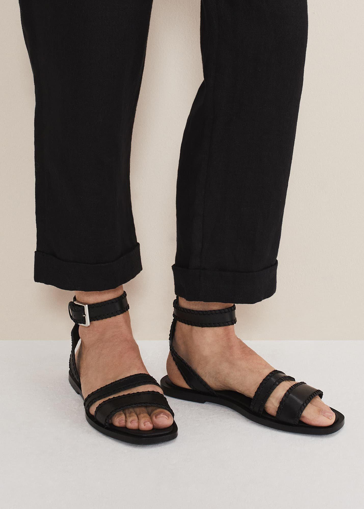Black Leather Flat Sandals