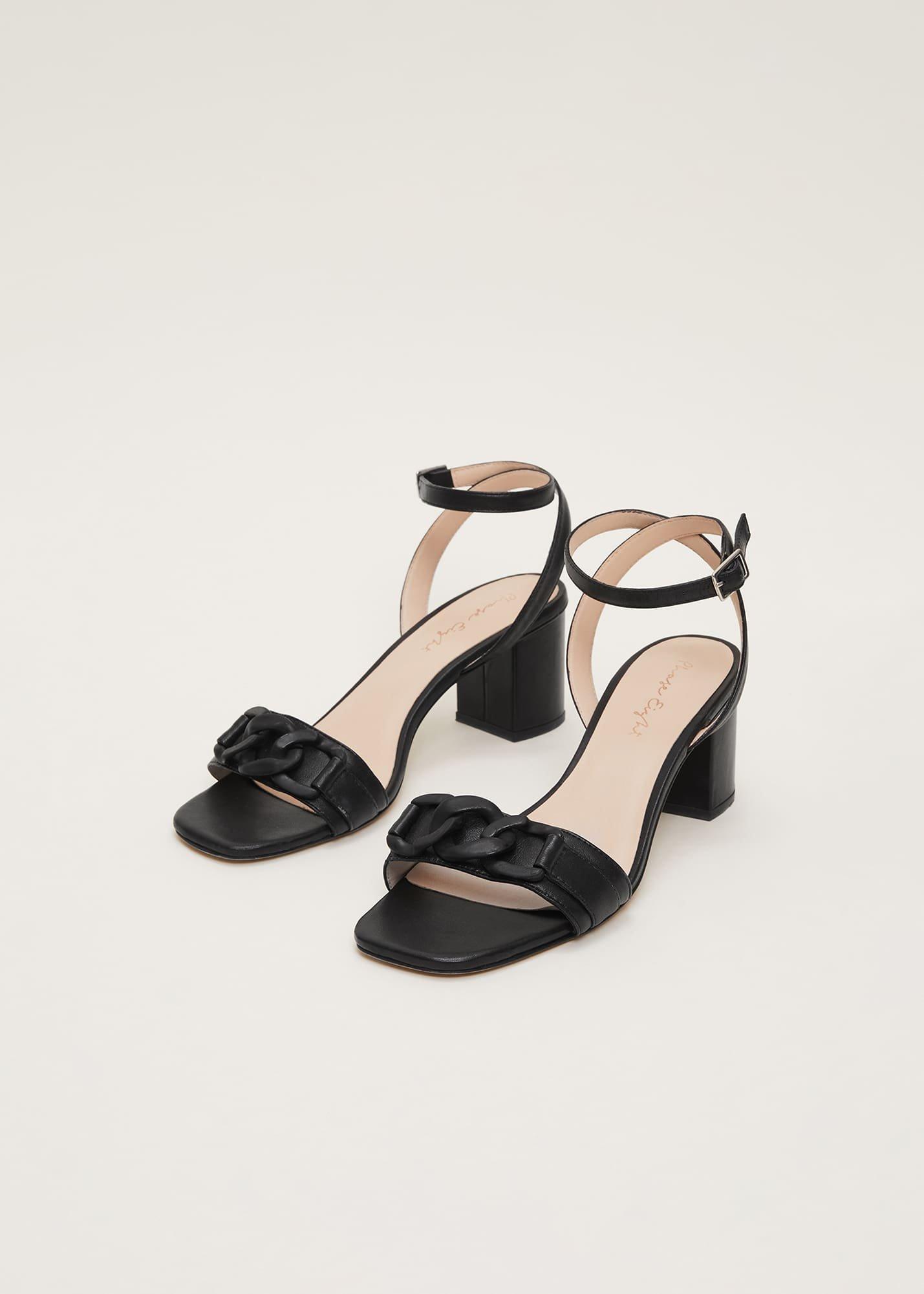 Black Leather Open Toe Block Heels