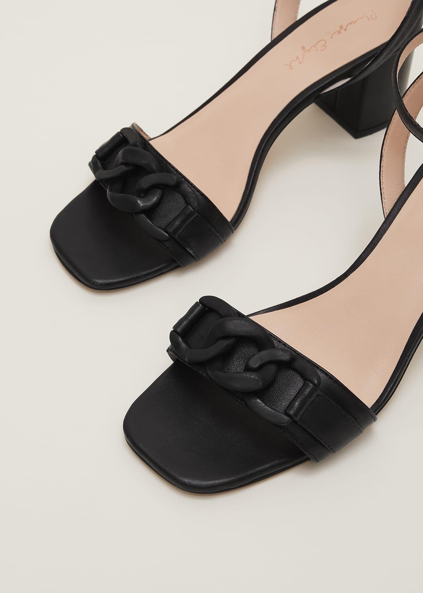 Black Leather Open Toe Block Heels