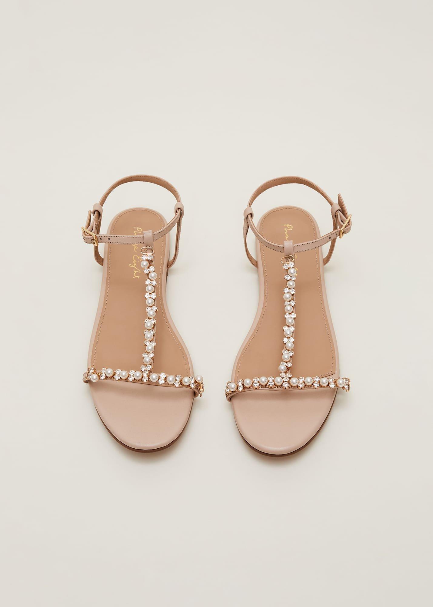 Leather Jewel Trim Flat Sandal