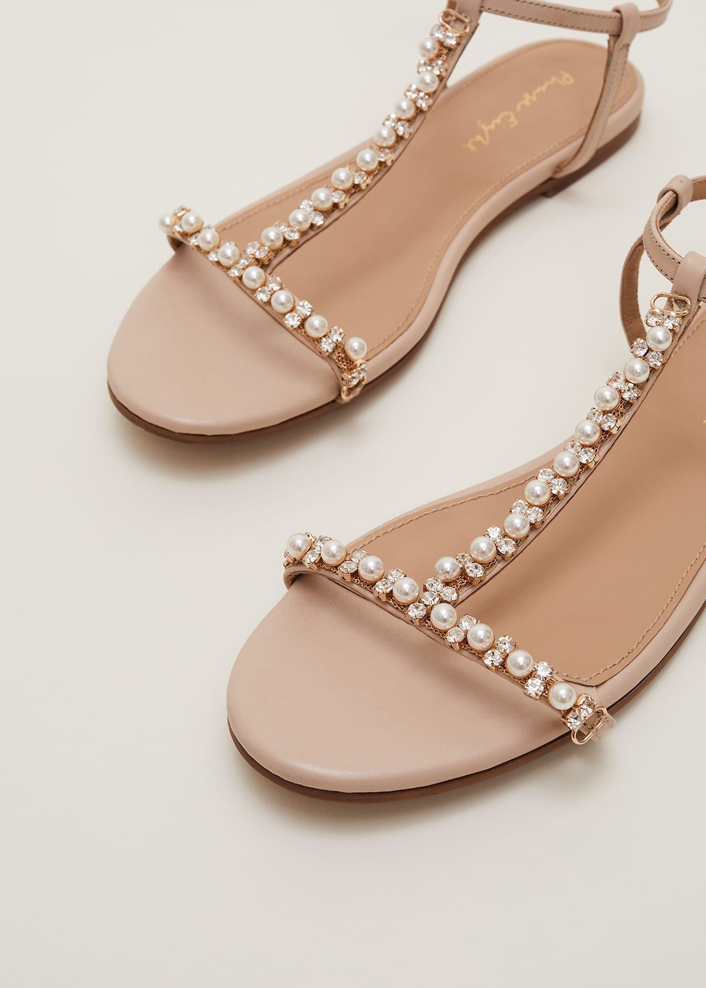 Leather Jewel Trim Flat Sandal