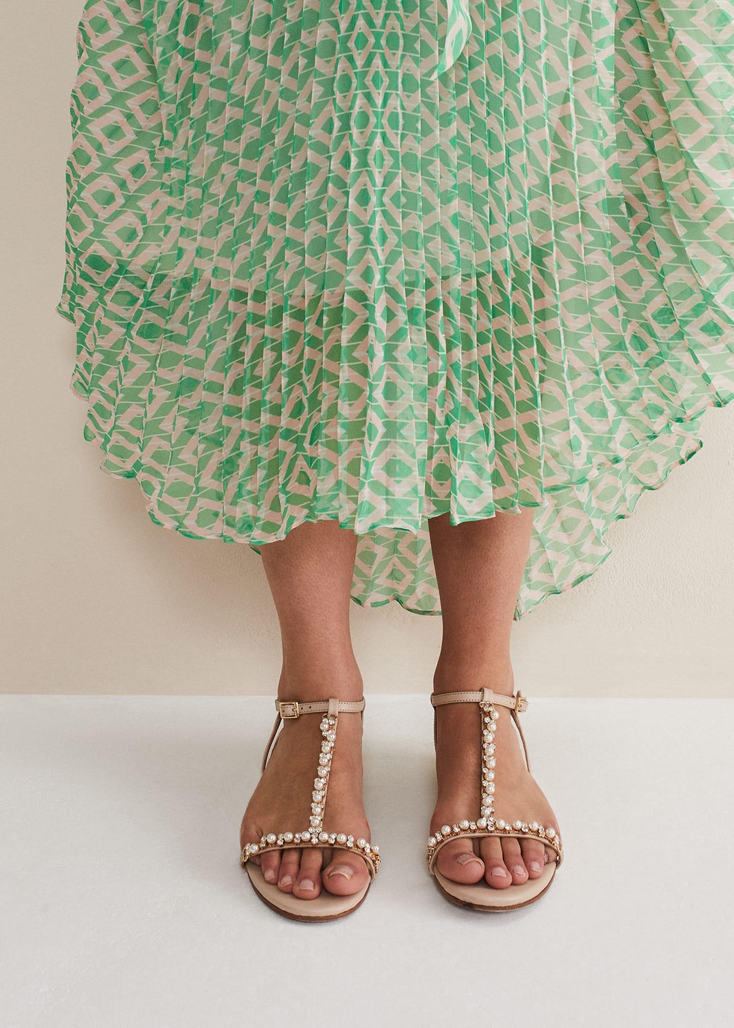 Leather Jewel Trim Flat Sandal