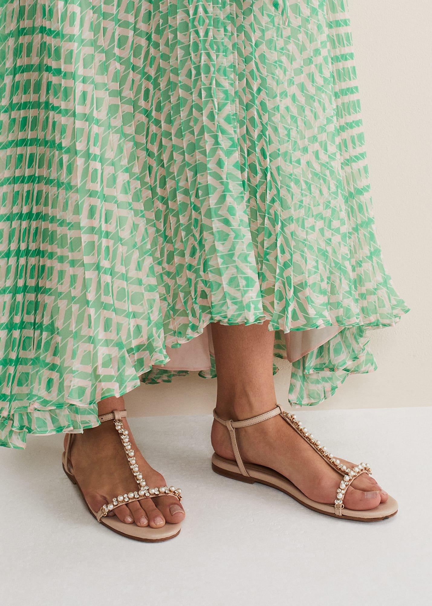 Leather Jewel Trim Flat Sandal