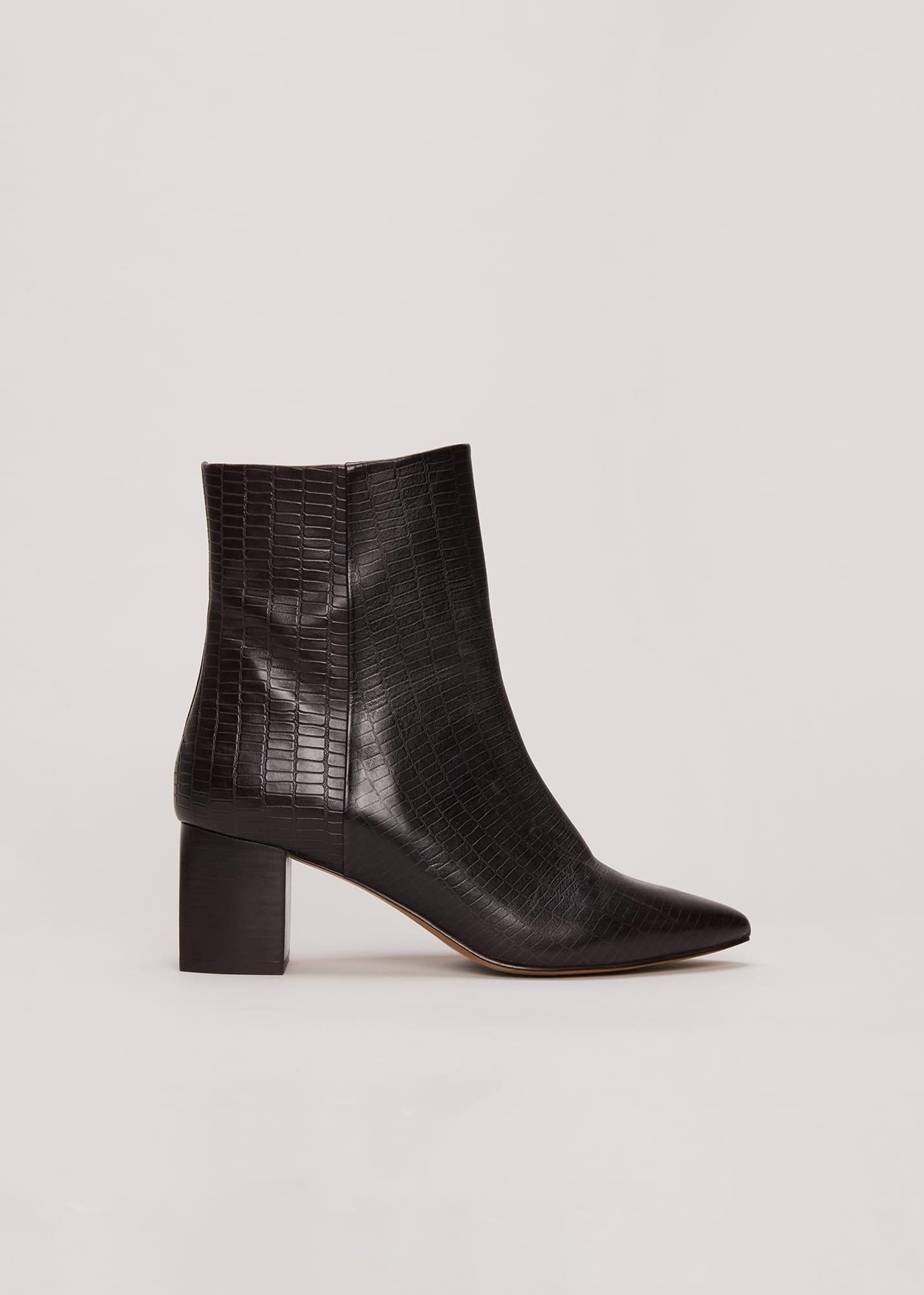 Brown Leather Croc Print Ankle Boots