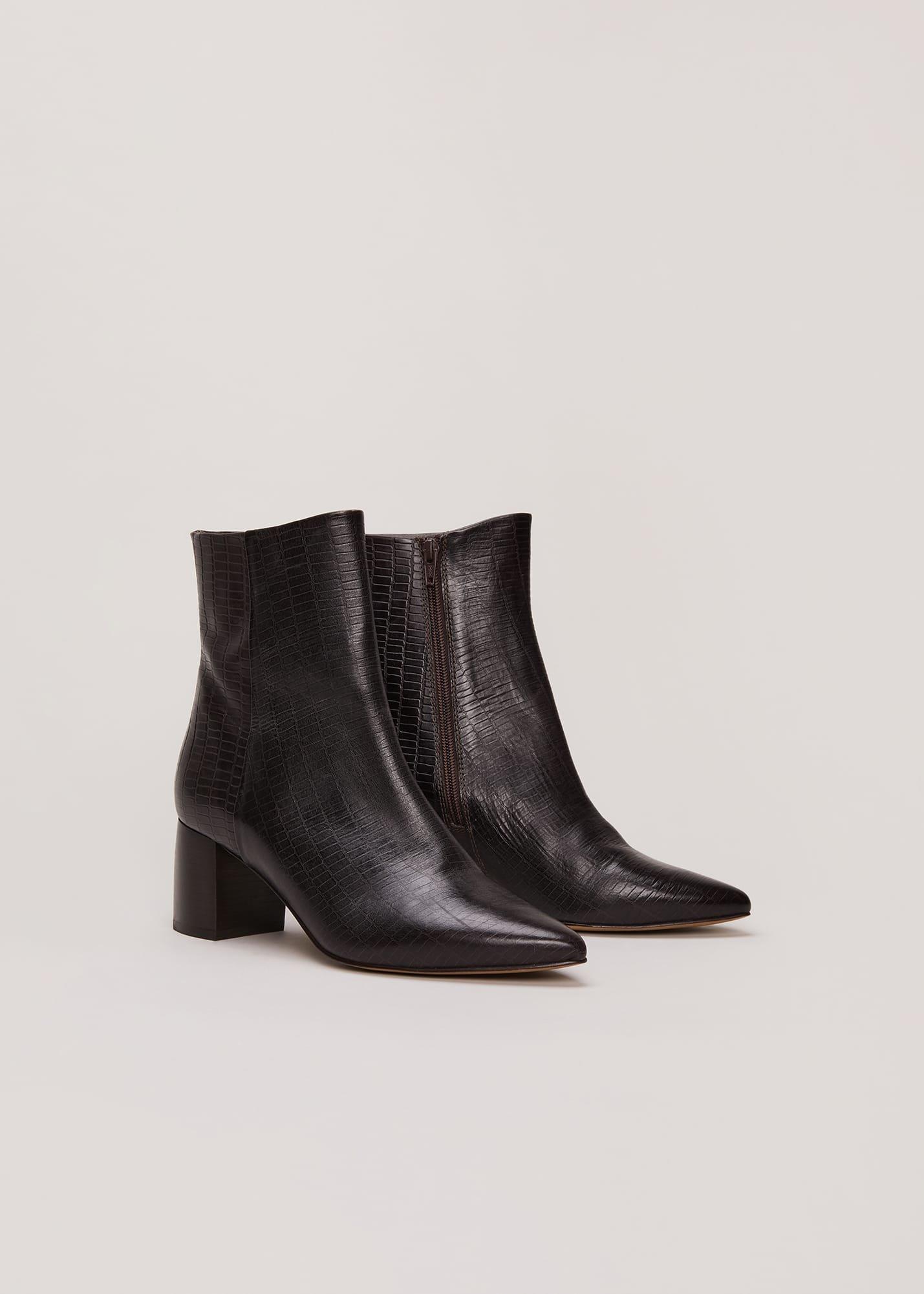 Brown Leather Croc Print Ankle Boots