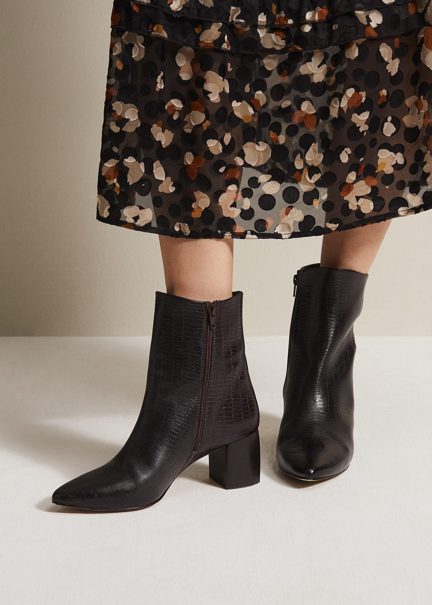Black Leather Croc Print Ankle Boots