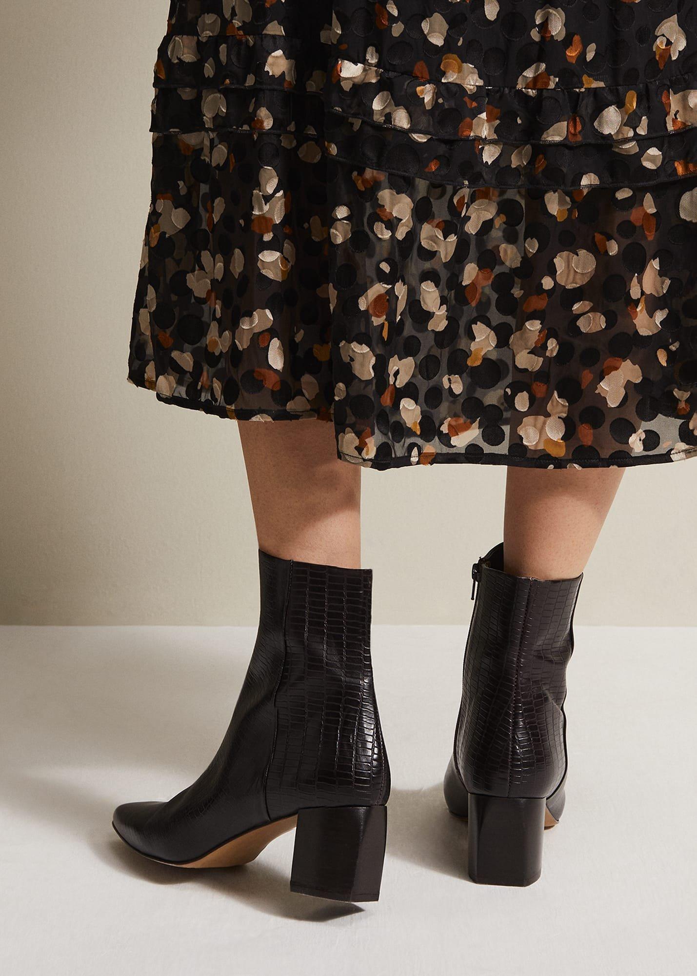 Black Leather Croc Print Ankle Boots