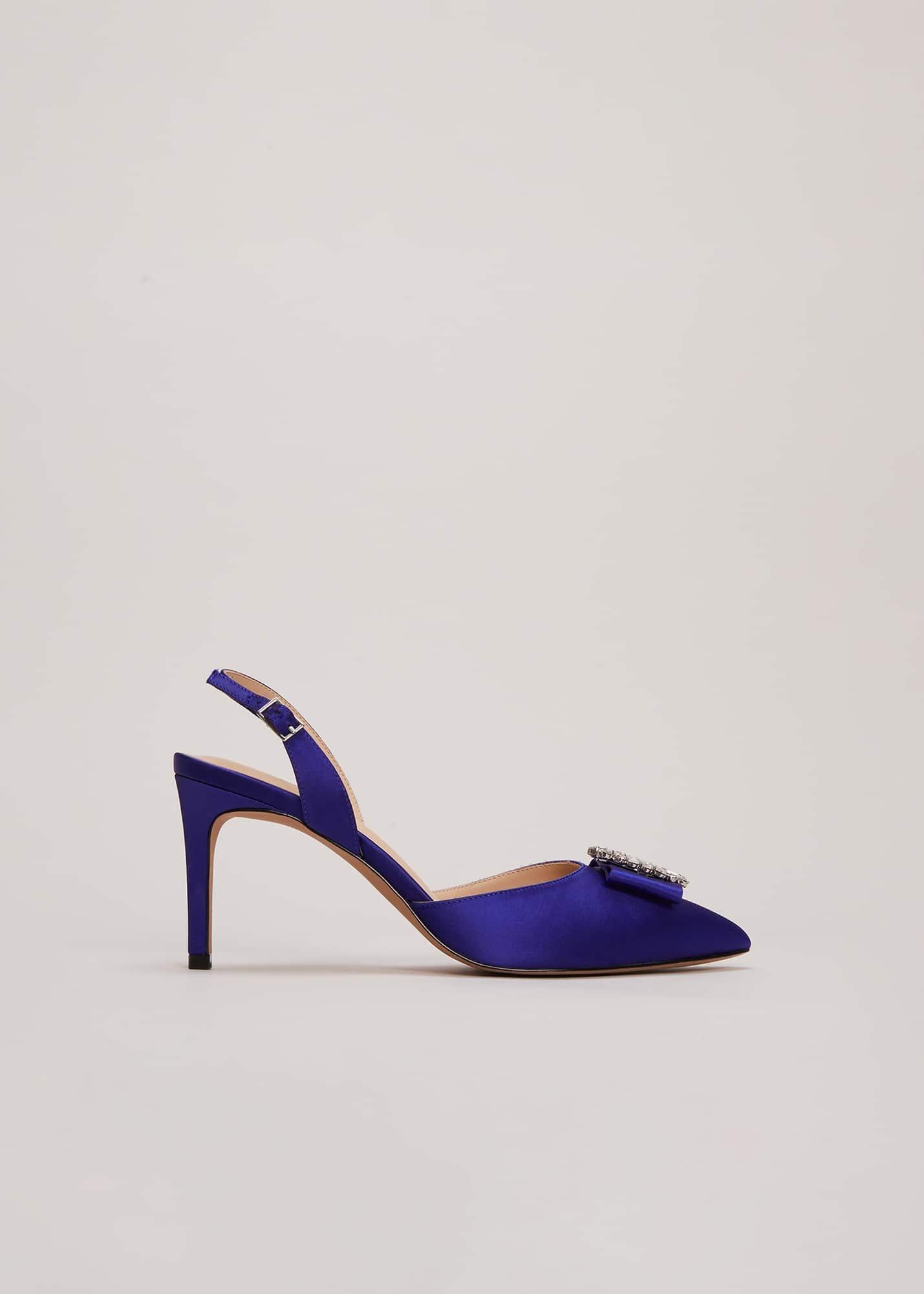 Blue Satin Embellished Slingback Heels