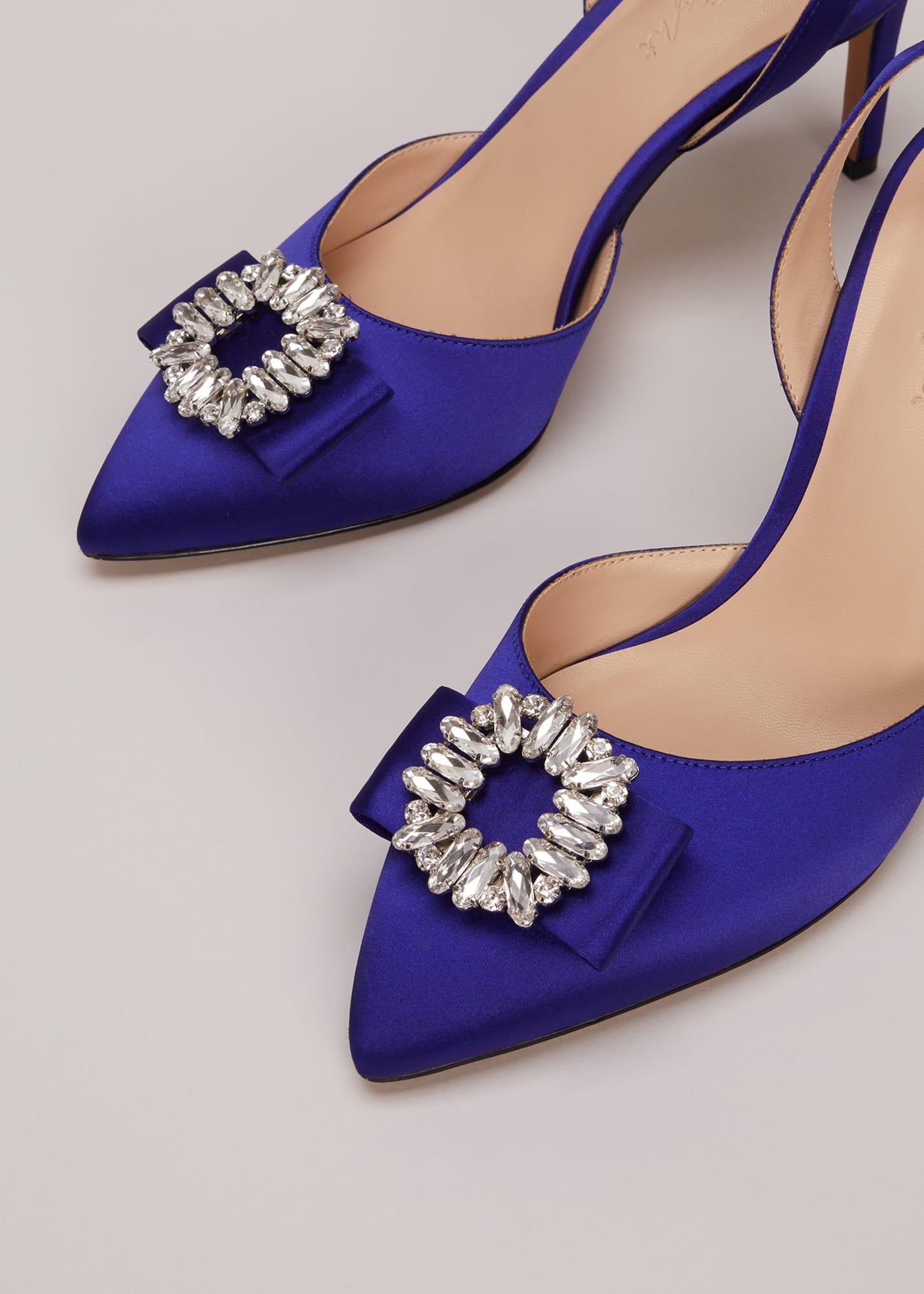 Blue Satin Embellished Slingback Heels