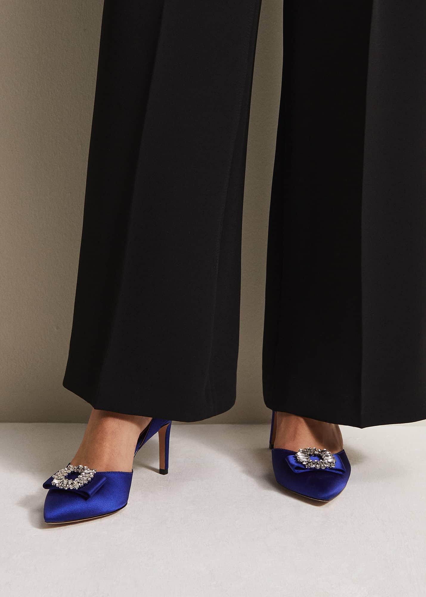 Blue Satin Embellished Slingback Heels