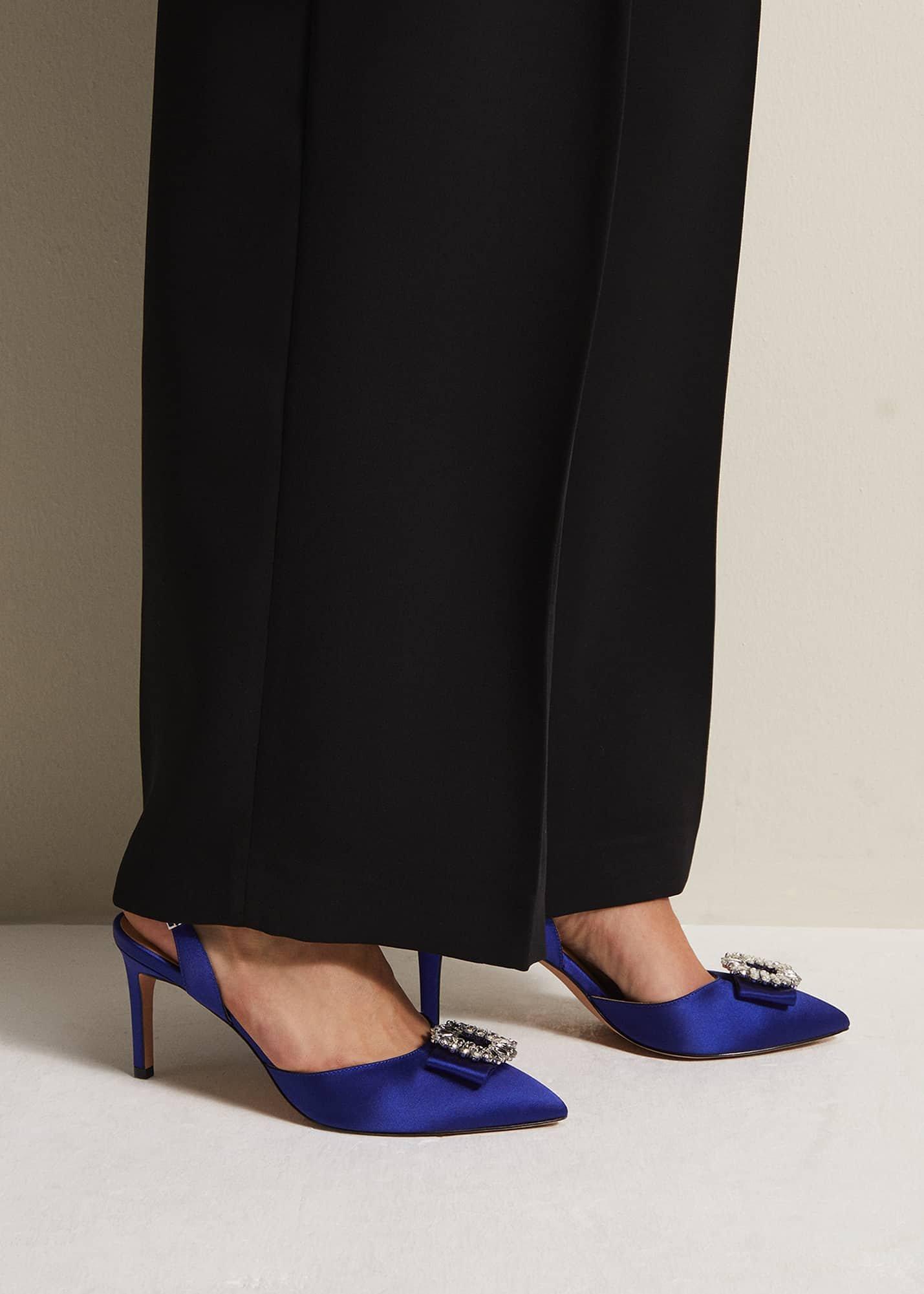 Blue Satin Embellished Slingback Heels