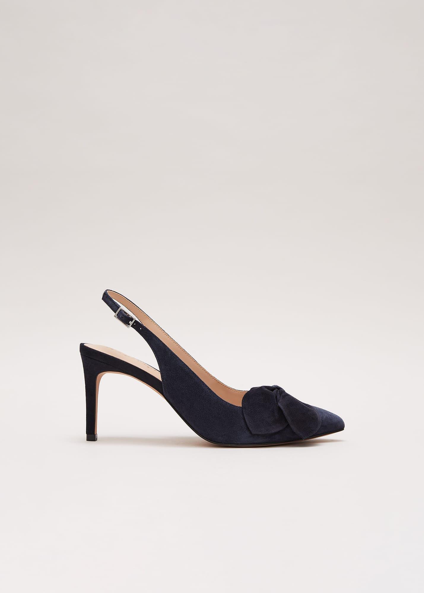 Spitz zulaufende Wildleder-Slingbacks mit Schleife