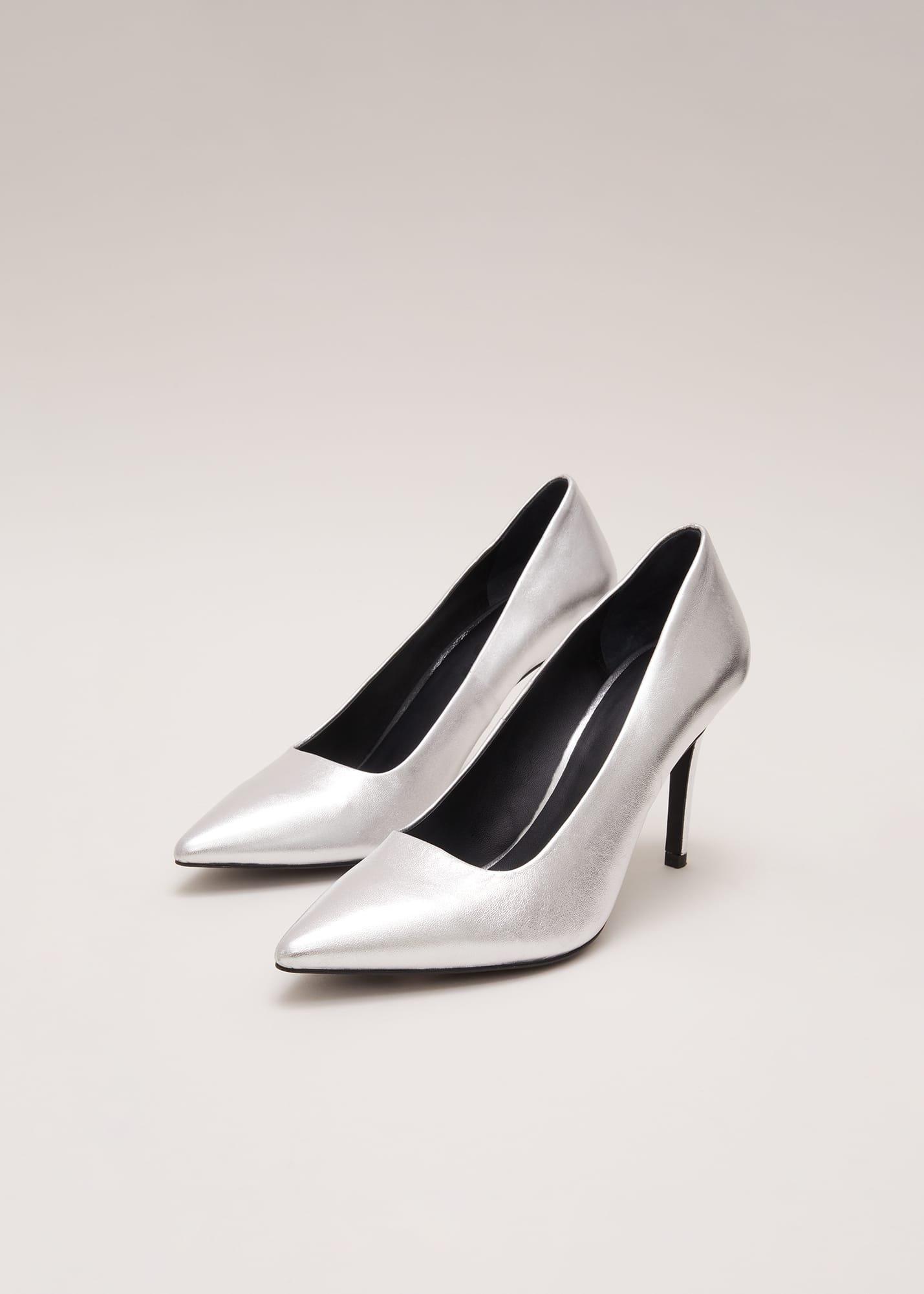 Silver Leather Pointed Court Shoes