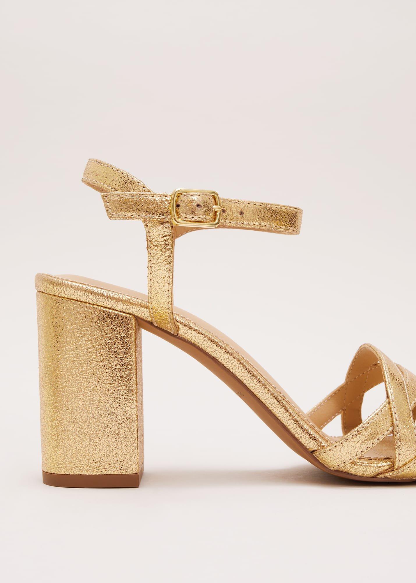 Gold Leather Crossover Block Heels