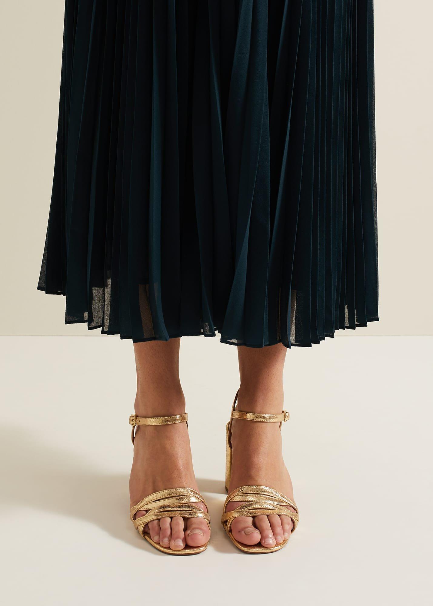 Gold Leather Crossover Block Heels