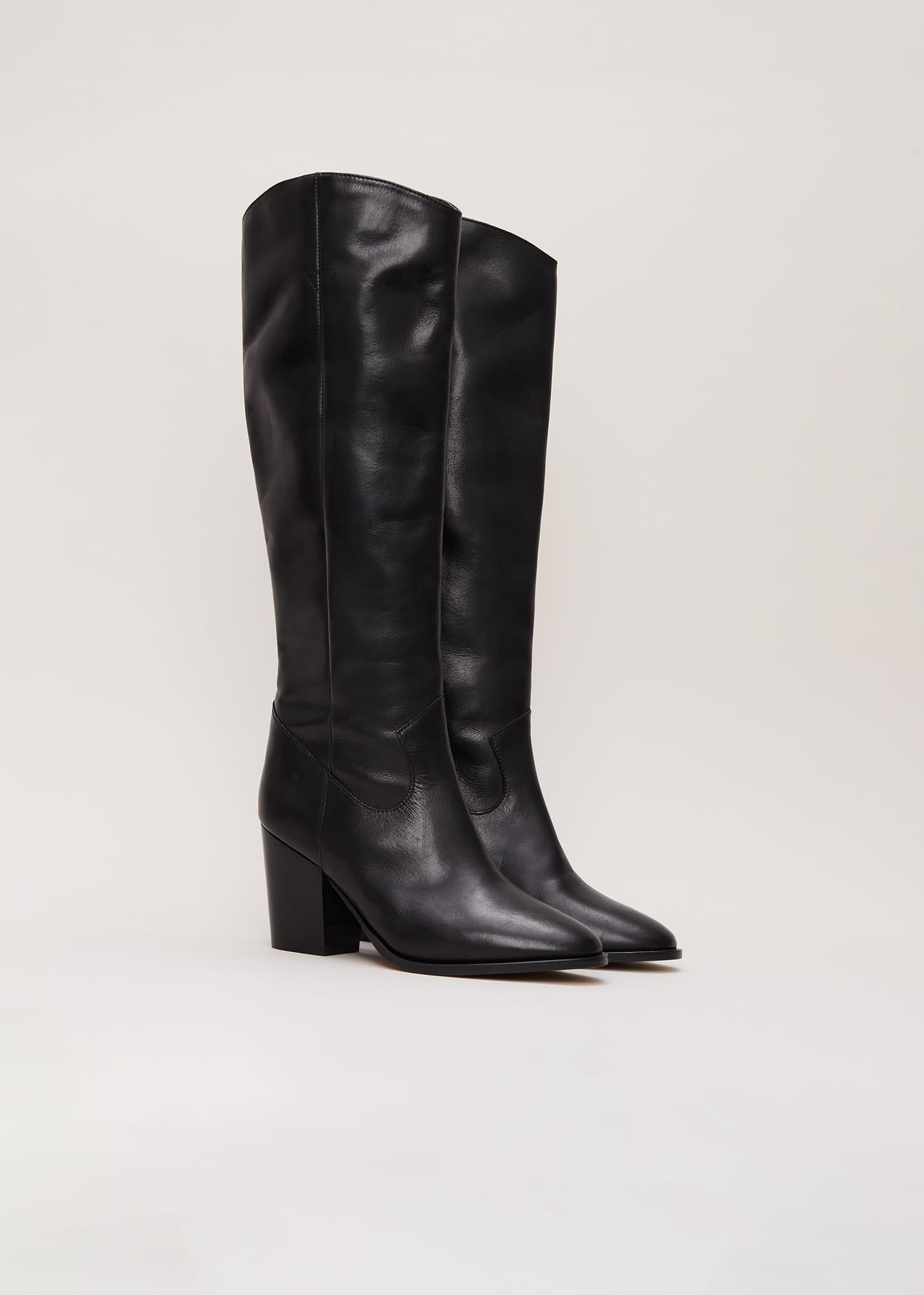 Black Leather Western Knee Boot