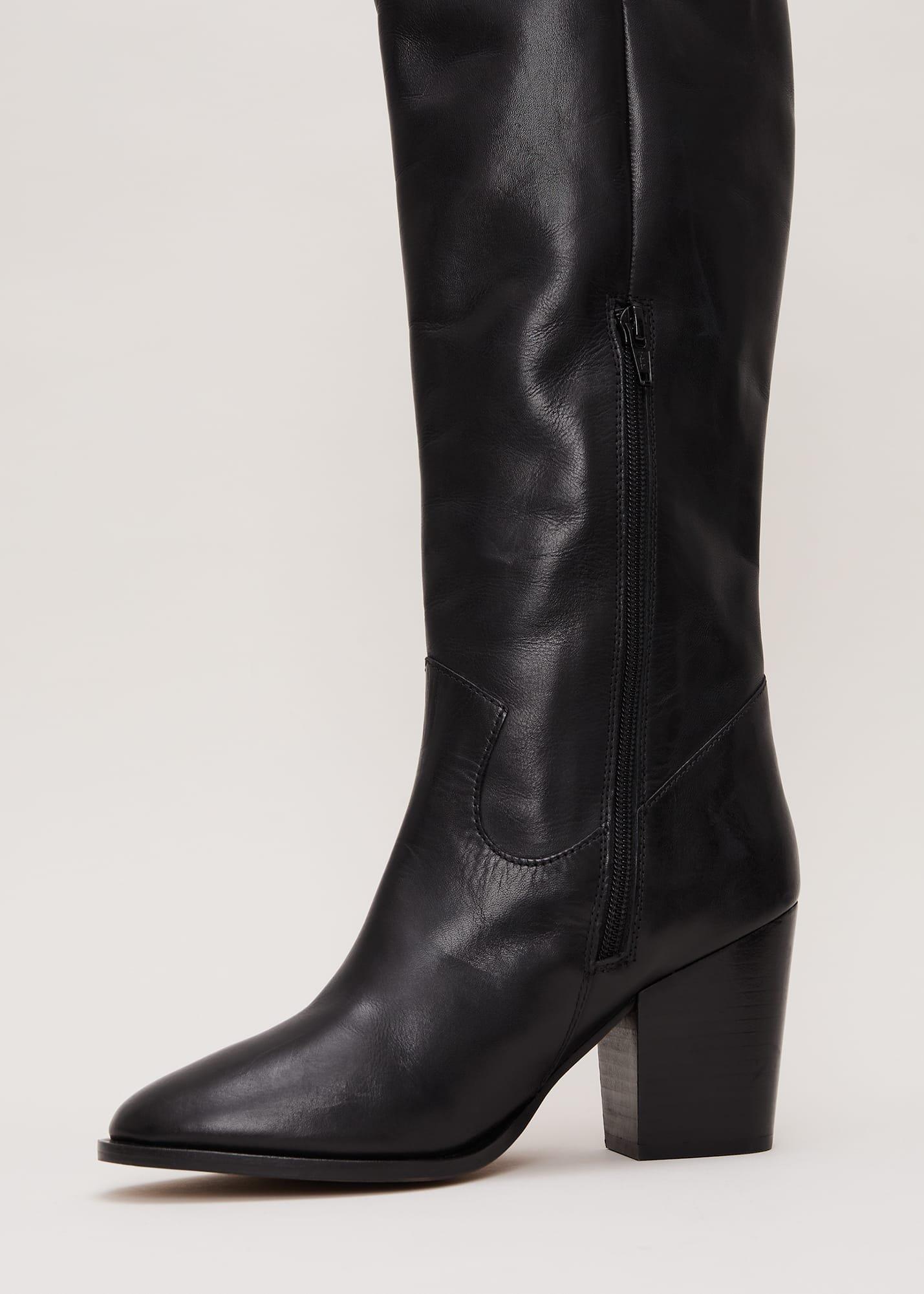 Black Leather Western Knee Boot