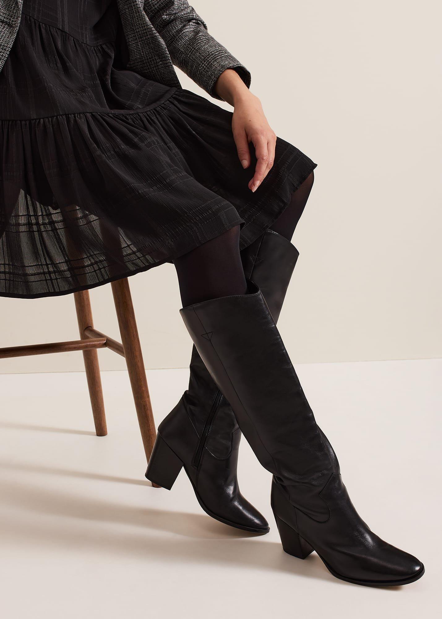 Black Leather Western Knee Boot