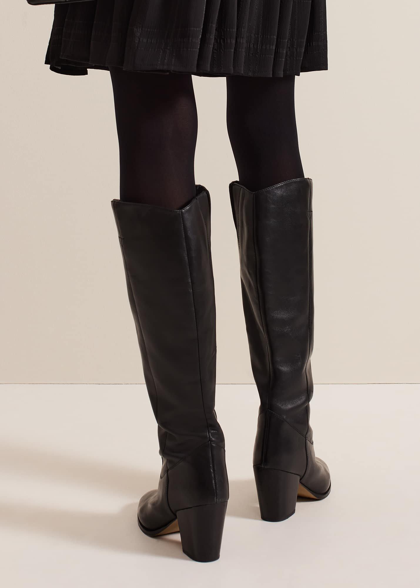 Black Leather Western Knee Boot