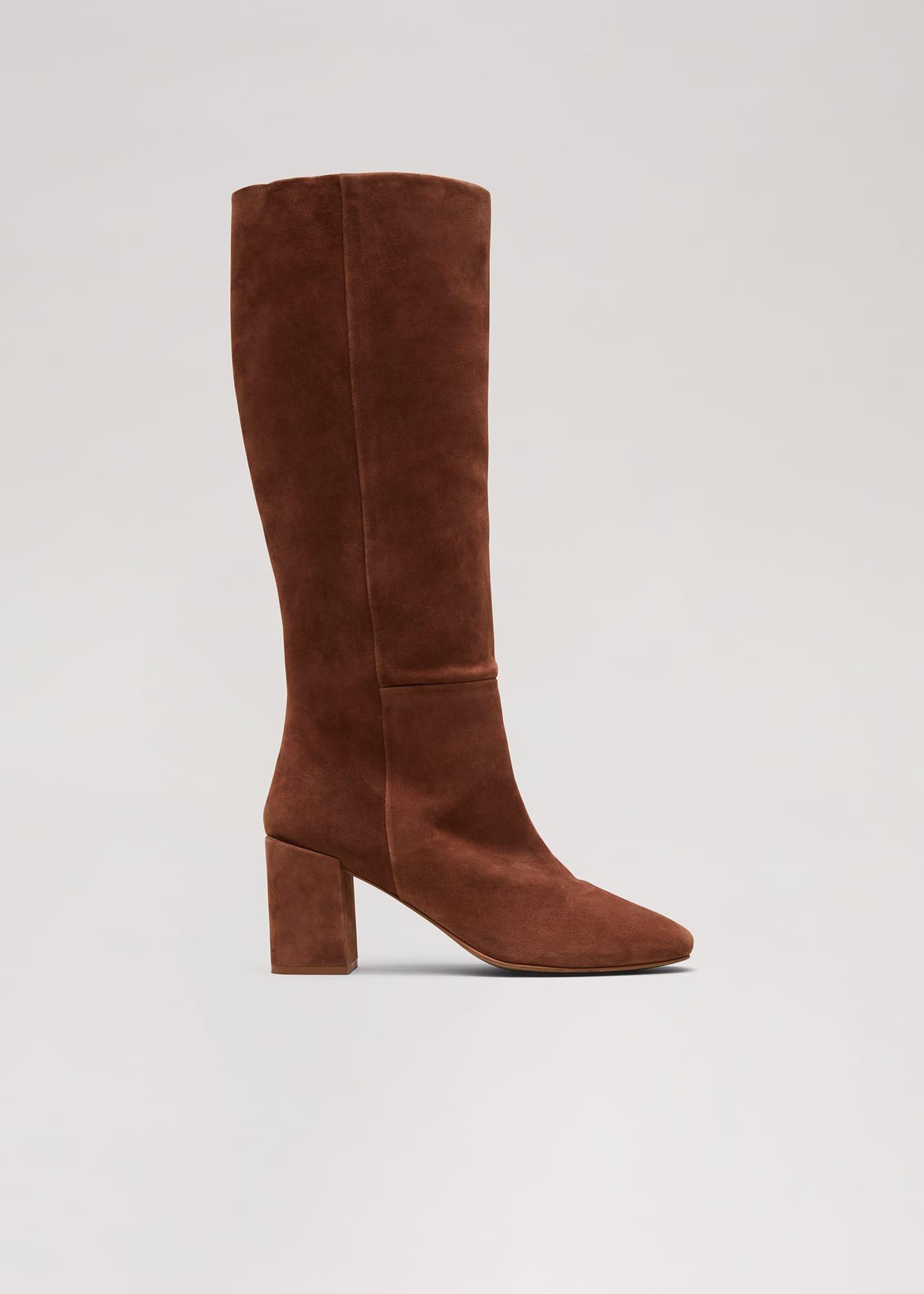 Tan Suede Block Heel Knee Boot