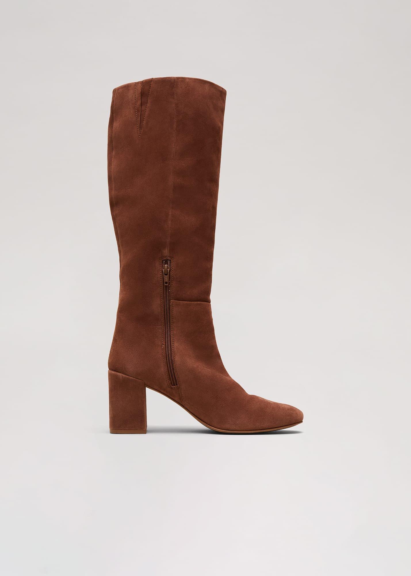 Tan Suede Block Heel Knee Boot