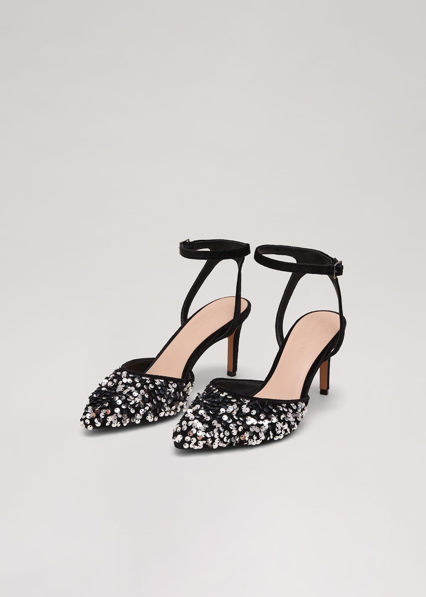 Velvet & Sequin Pointed Ankle Strap Shoe