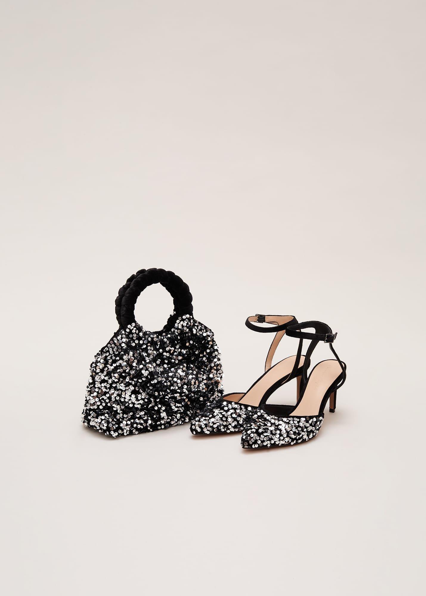 Velvet & Sequin Pointed Ankle Strap Shoe