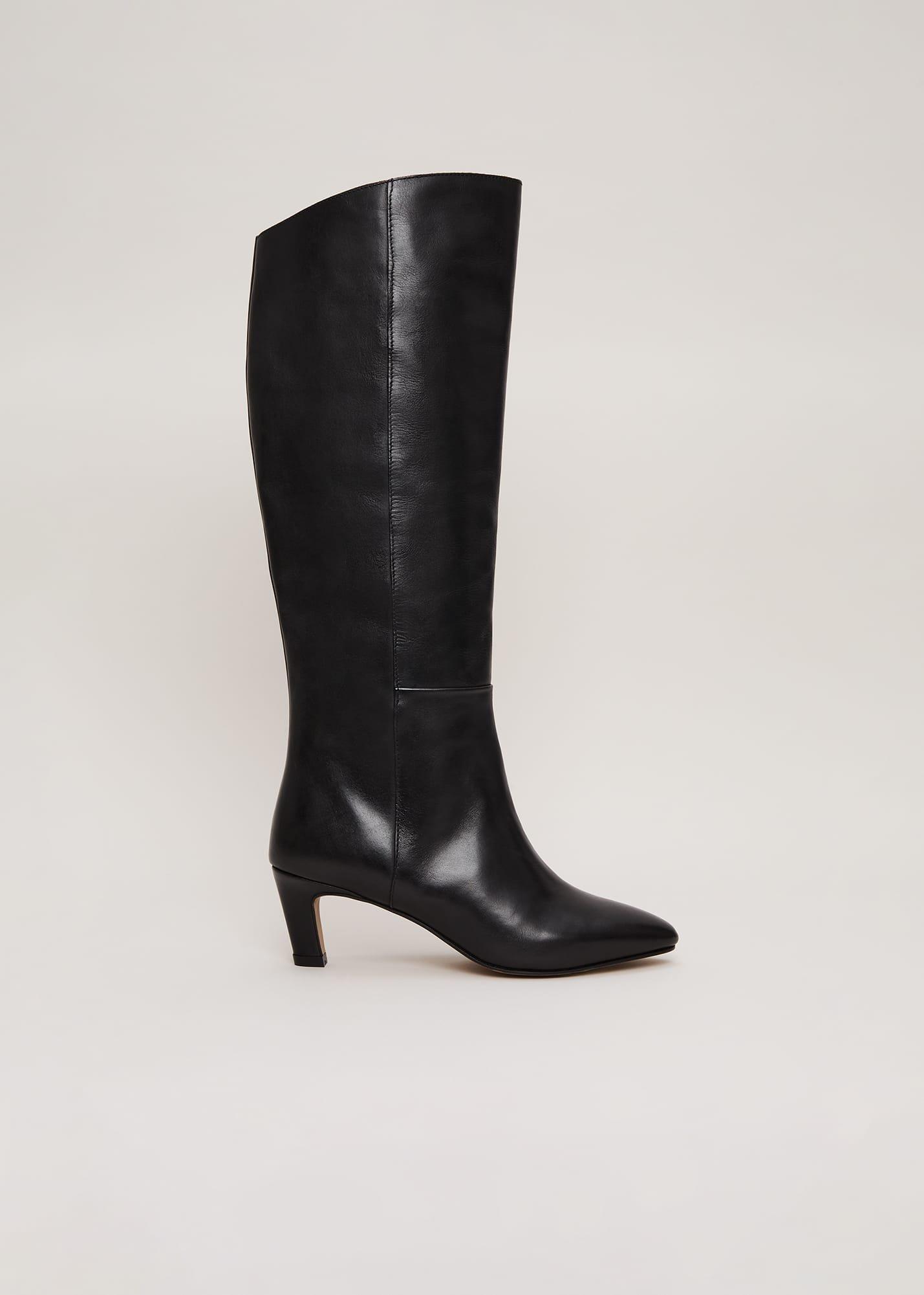 Black Leather Kitten Heel Knee Boot