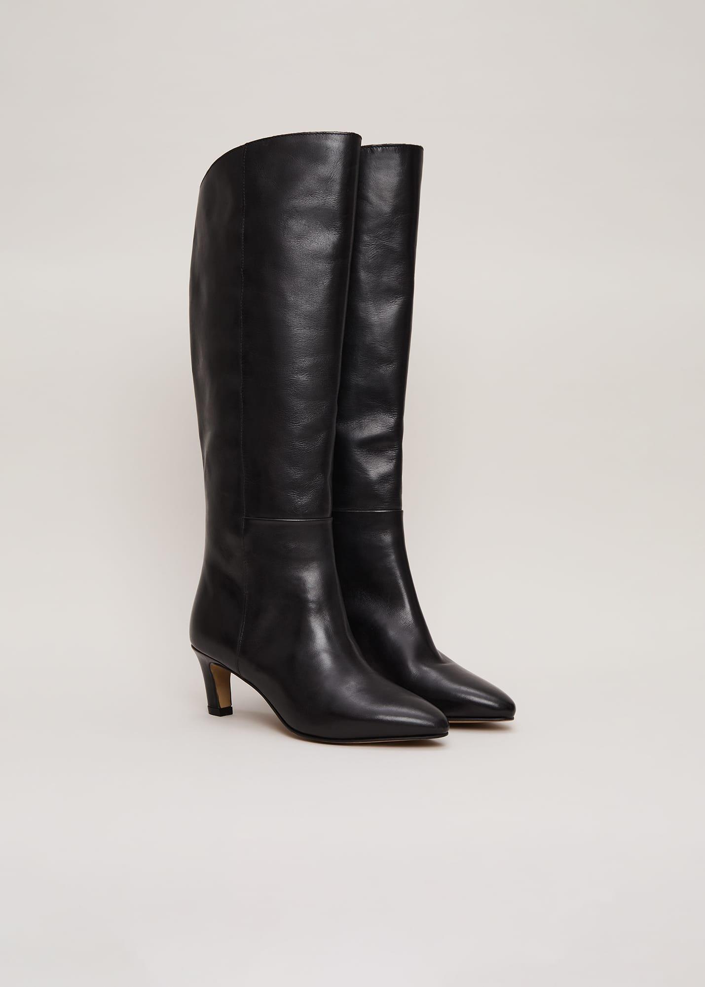 Black Leather Kitten Heel Knee Boot