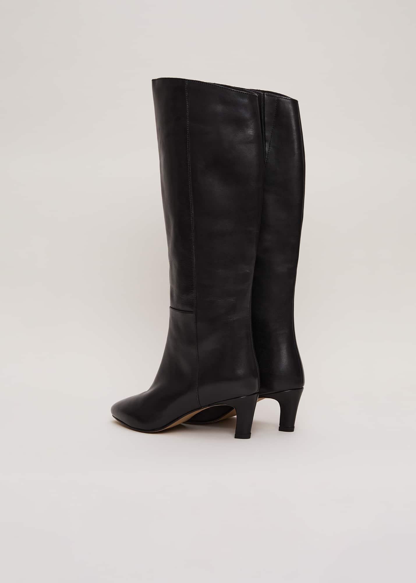 Black Leather Kitten Heel Knee Boot
