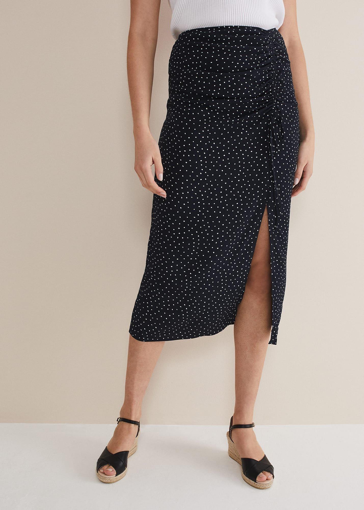 Spot Print Midi Ruched Skirt