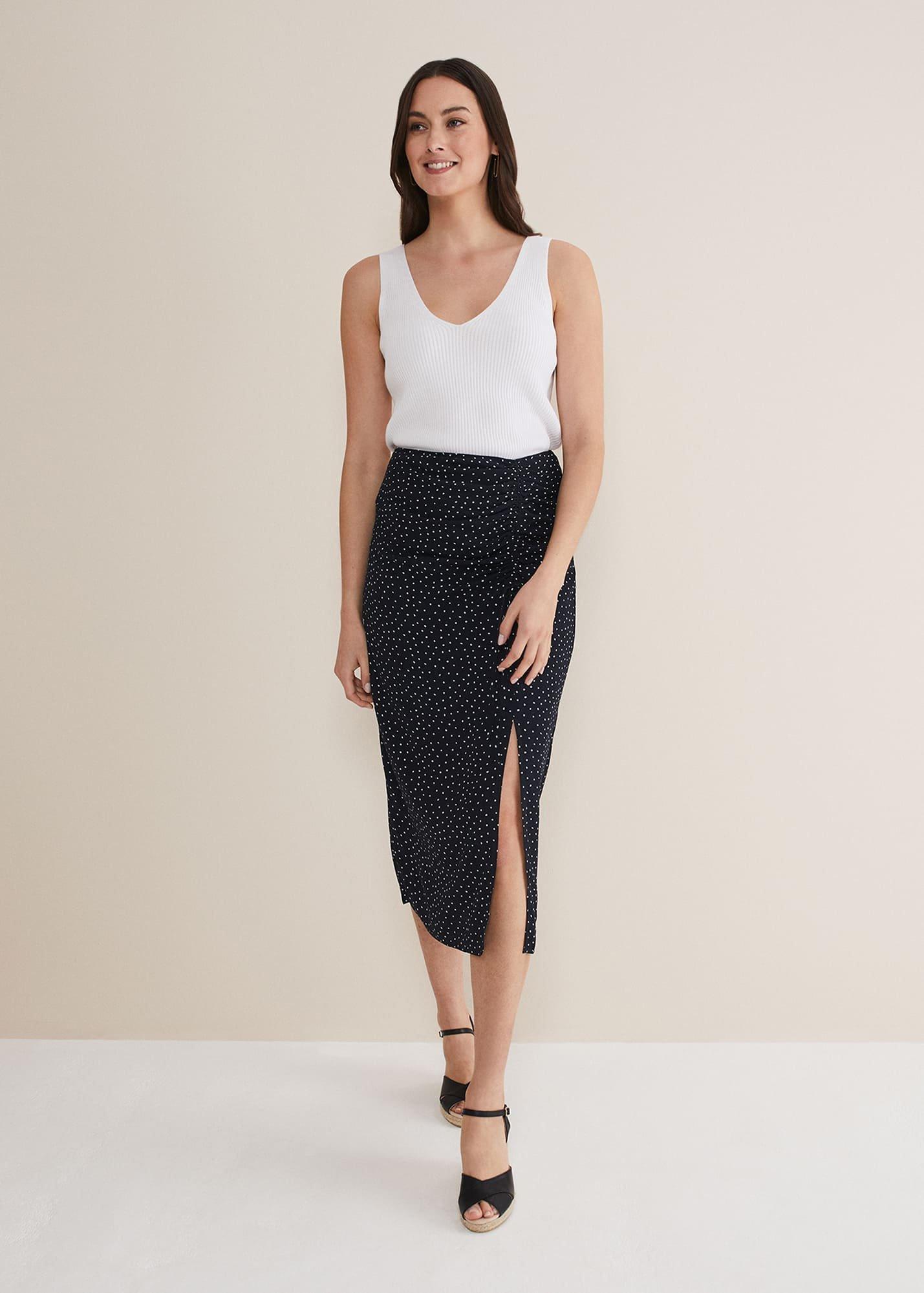 Spot Print Midi Ruched Skirt