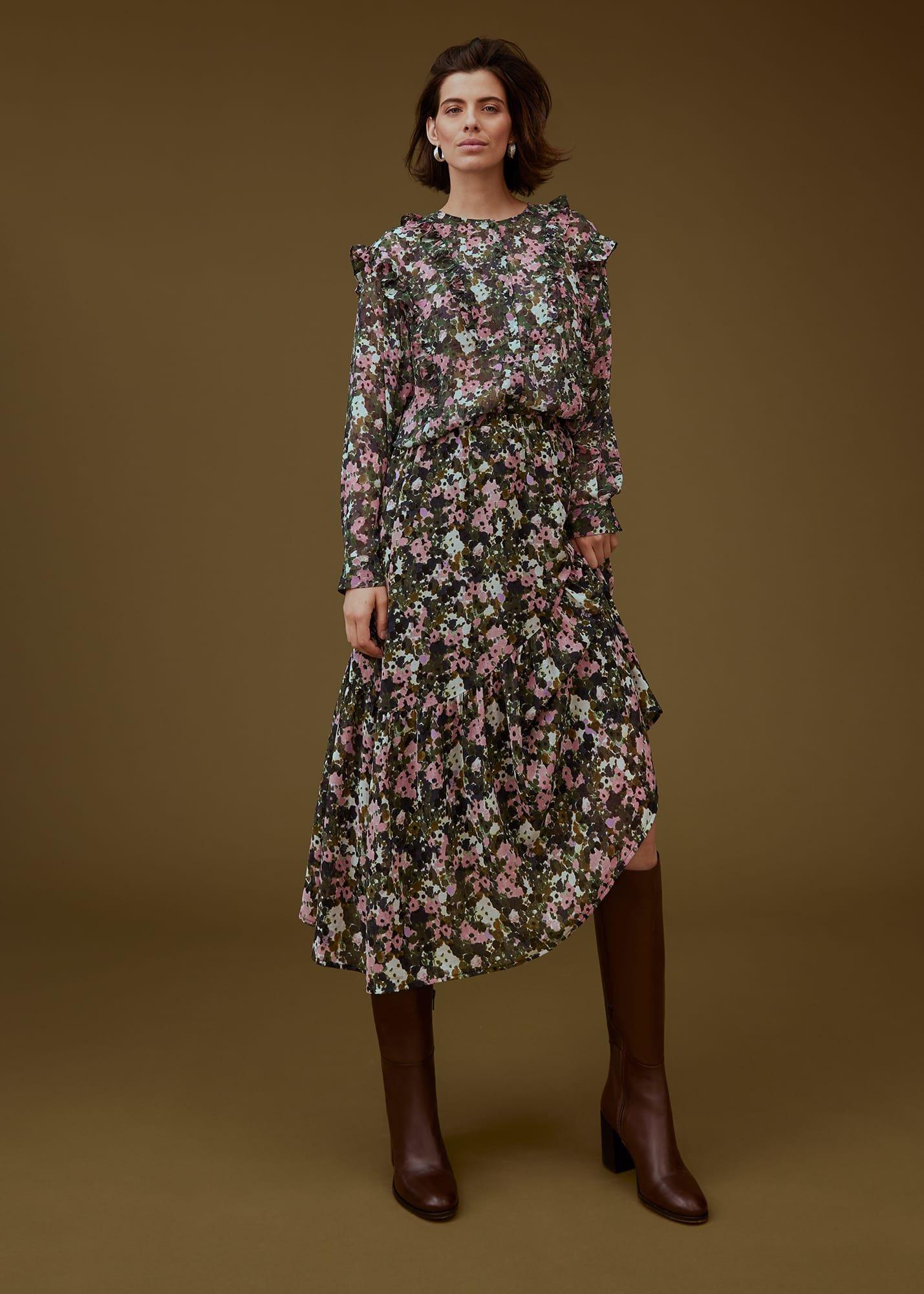 Zowena Floral Tiered Midi Skirt